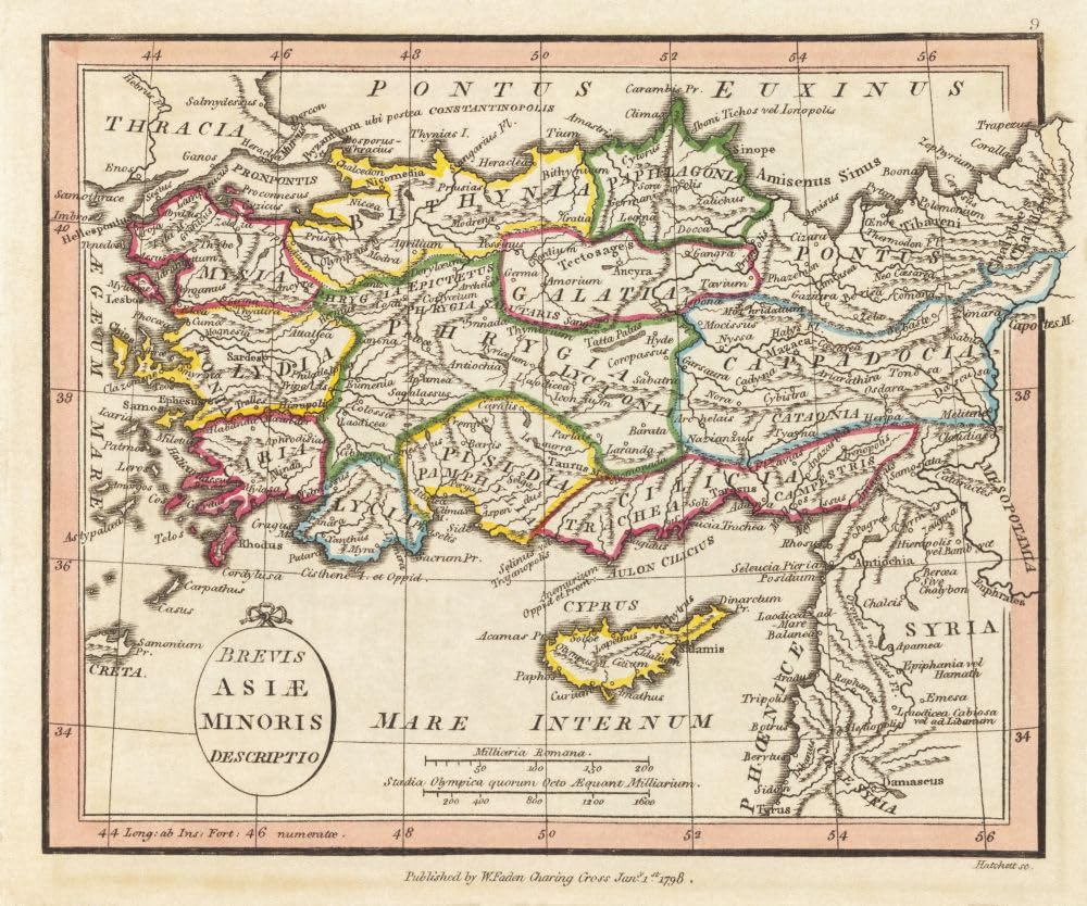 Brevis asiae minoris descriptio. Ancient Asia Minor. 1798 map by cartographer William Faden engraved by Hatchett. Faden was the royal geographer to King George III. This map comes from his Atlas minimus universalis which was designed mainly for use in schools. Poster Print by Ken Welsh (17 x 14)