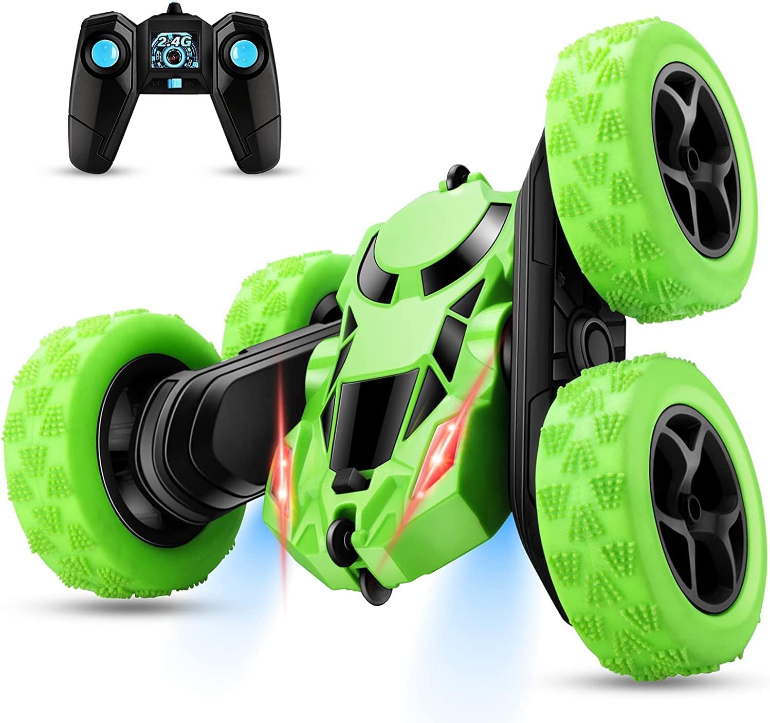 Sim and Sam's RC Stunt Car: RC Car for Kids Aged 6-12 with 360-Degree Flip 4WD and Anti-Interference Technology (Green)