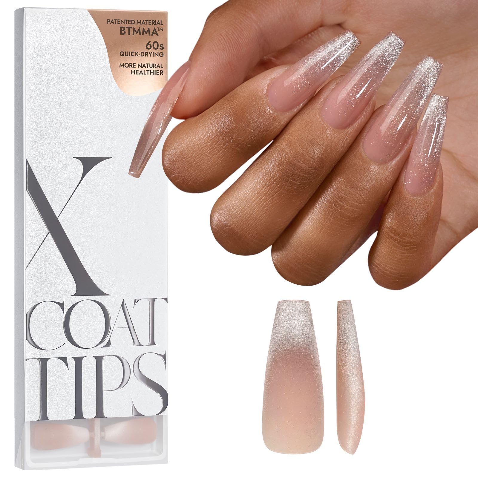 BTArtboxnails XCOATTIPS Cat Eye Nails - French Tip Press On Nails, Long Coffin Soak Off Acrylic Fake Nail, Soft Gel Nail Tips Extensions