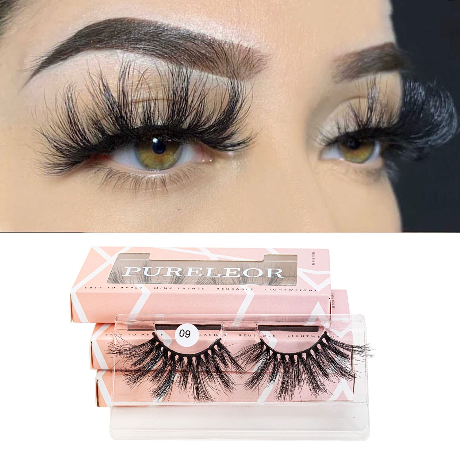 PURELEOR 25mm Mink Eyelashes, 3D Fluffy Dramatic Long Mink Eye Lash , Thick Full Eyes Soft Wispy Lashes , Reusable Handmade Strips, 3 Packs