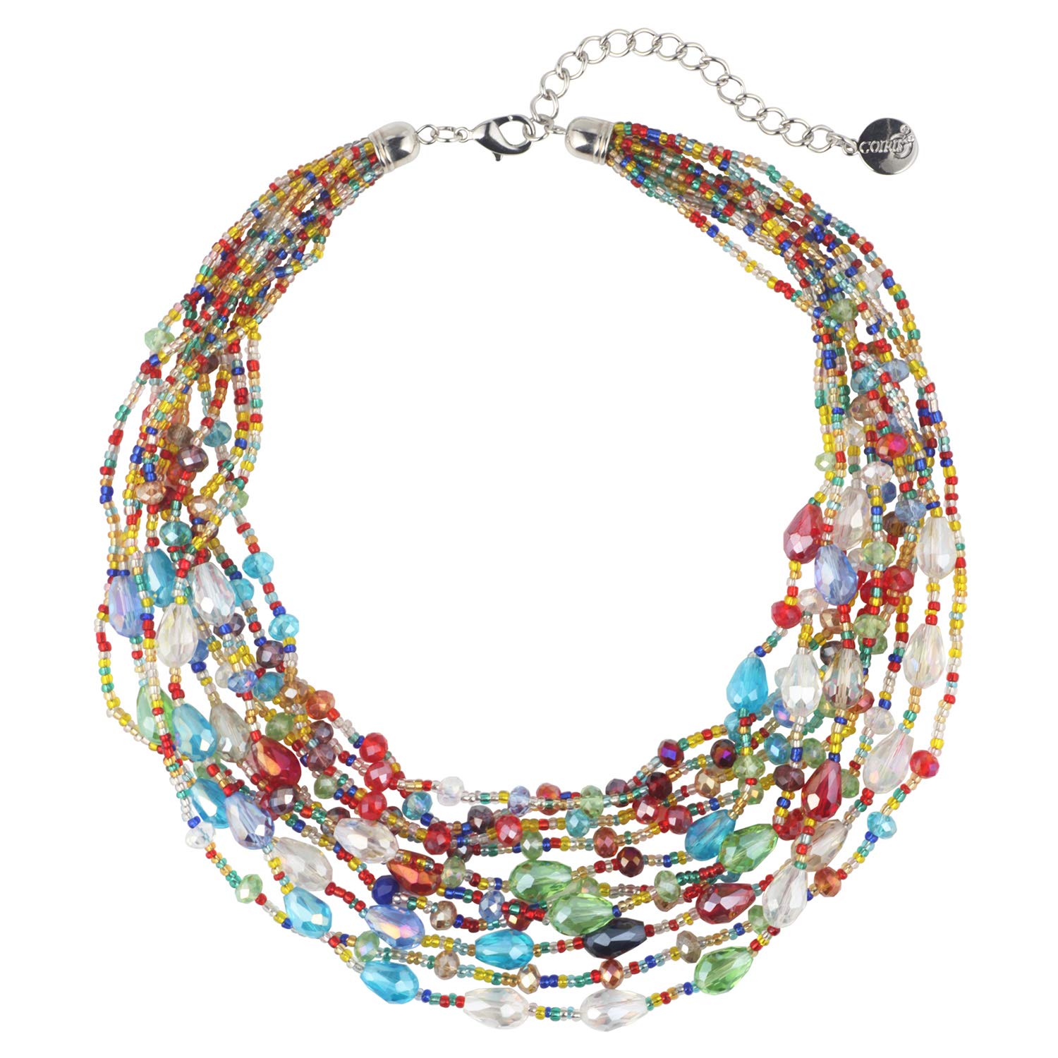 COIRIS 3 Layer Illusion Wire Statement Necklace for Women Blue Green Beaded