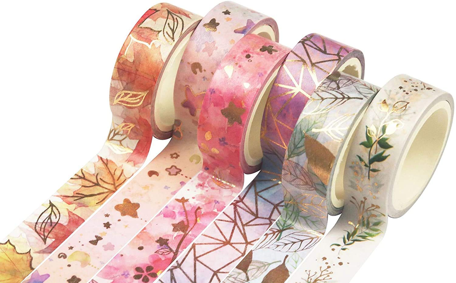 Washi Tape Set Floral 6 Rolls Gold Foil - Masking Tape Set Decorative for Arts, DIY Crafts, Bullet Journal Supplies, Planners, Scrapbook, Arts & Crafts, Card/Gift Wrapping - 15mm