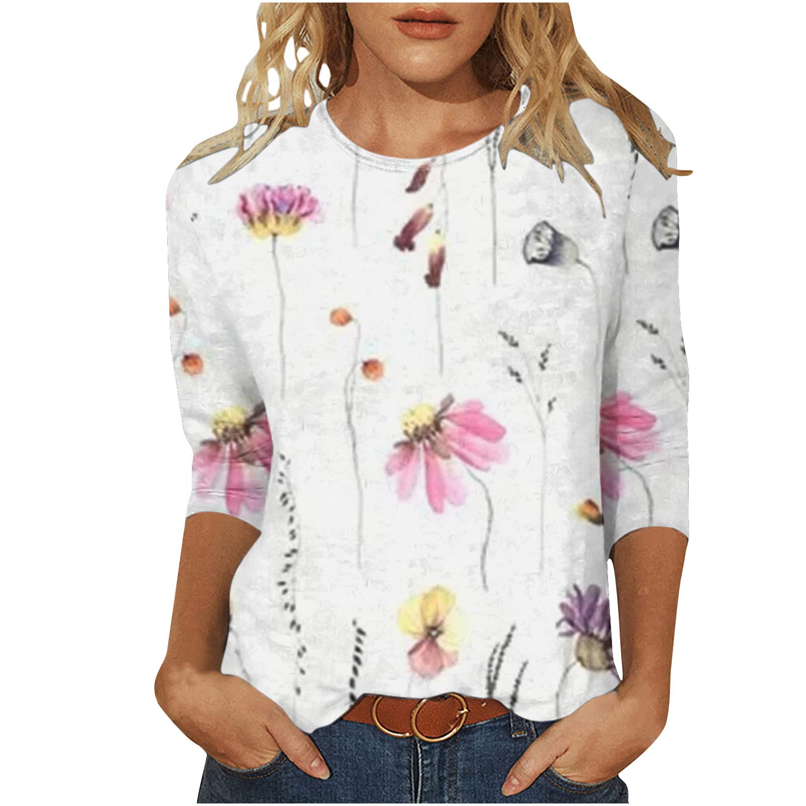 Ladies Tops and Blouses 3/4 Length Sleeve Summer Shirts Three Guarter Length Tshirt Floral Print Cute Blouse T Shirt