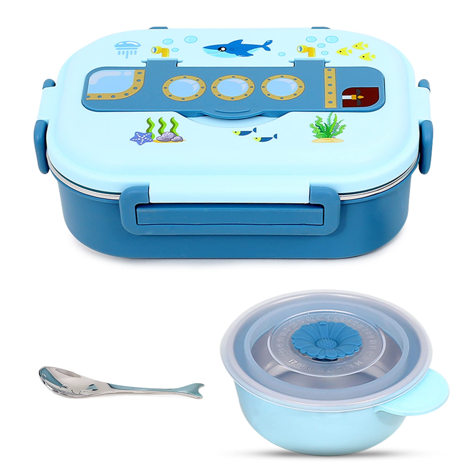 ONELINE Lunch Box for Kids School, Stainless Steel flatware set with soup bowl and spoon, Bento kids Lunch Box with sea world theme, leak-proof, durable snack container for adult children (Blue)