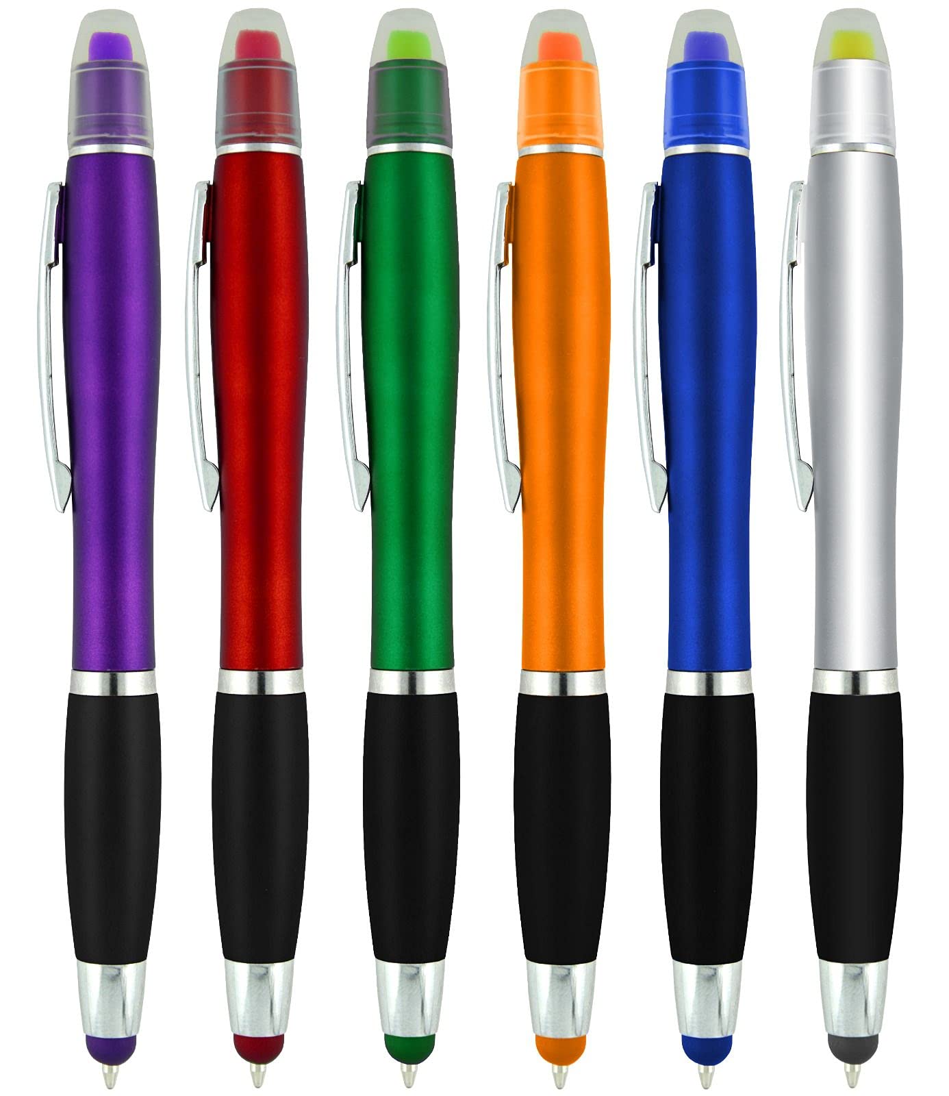 Bible Highlighter with Pen and Stylus for Touchscreens, 3 in 1 Combo, Multi-Color Highlighters, No Bleed, All Black Ballpoint Ink, Wax Gel Highlighters, Pack of 6