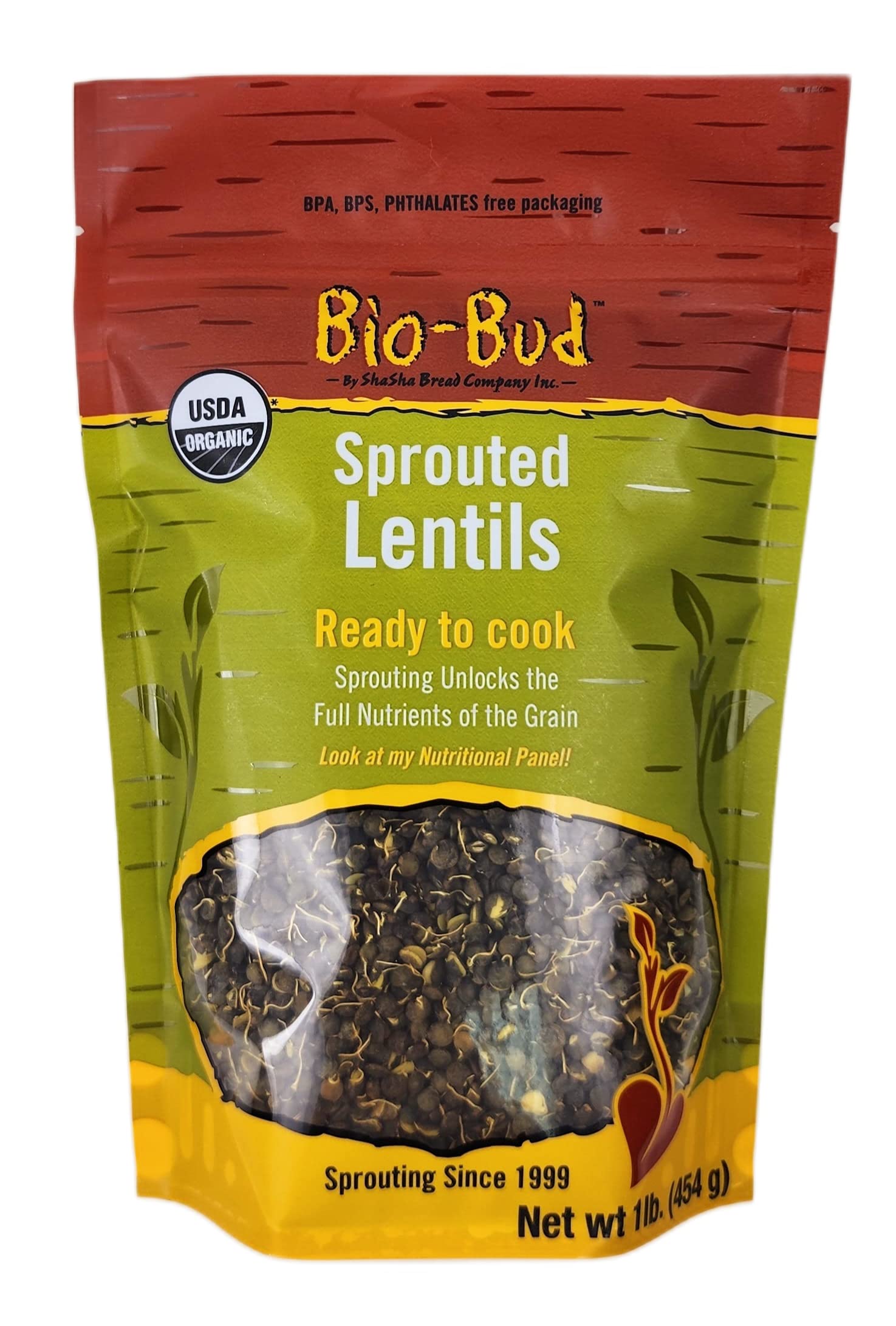 ShaSha Organic Sprouted Bio Bud, Lentils, Ready to Cook, Non GMO, Full Nutrients of the Grain, BPA BPS Phthalates Free package, 1 lb, 16 oz, 454 g