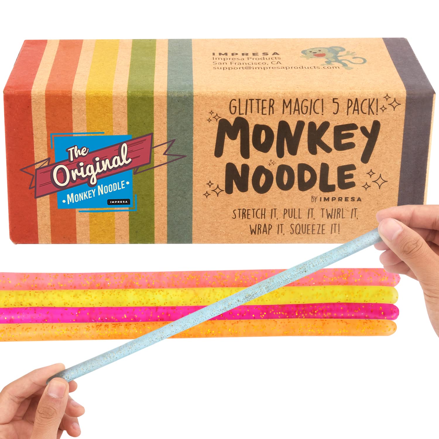 IMPRESA 5-Pack Glitter Original Monkey Noodle Stretchy String Fidget/Sensory Toys (BPA/Phthalate/Latex-Free) - Stretches from 10 Inches to 8 Feet!