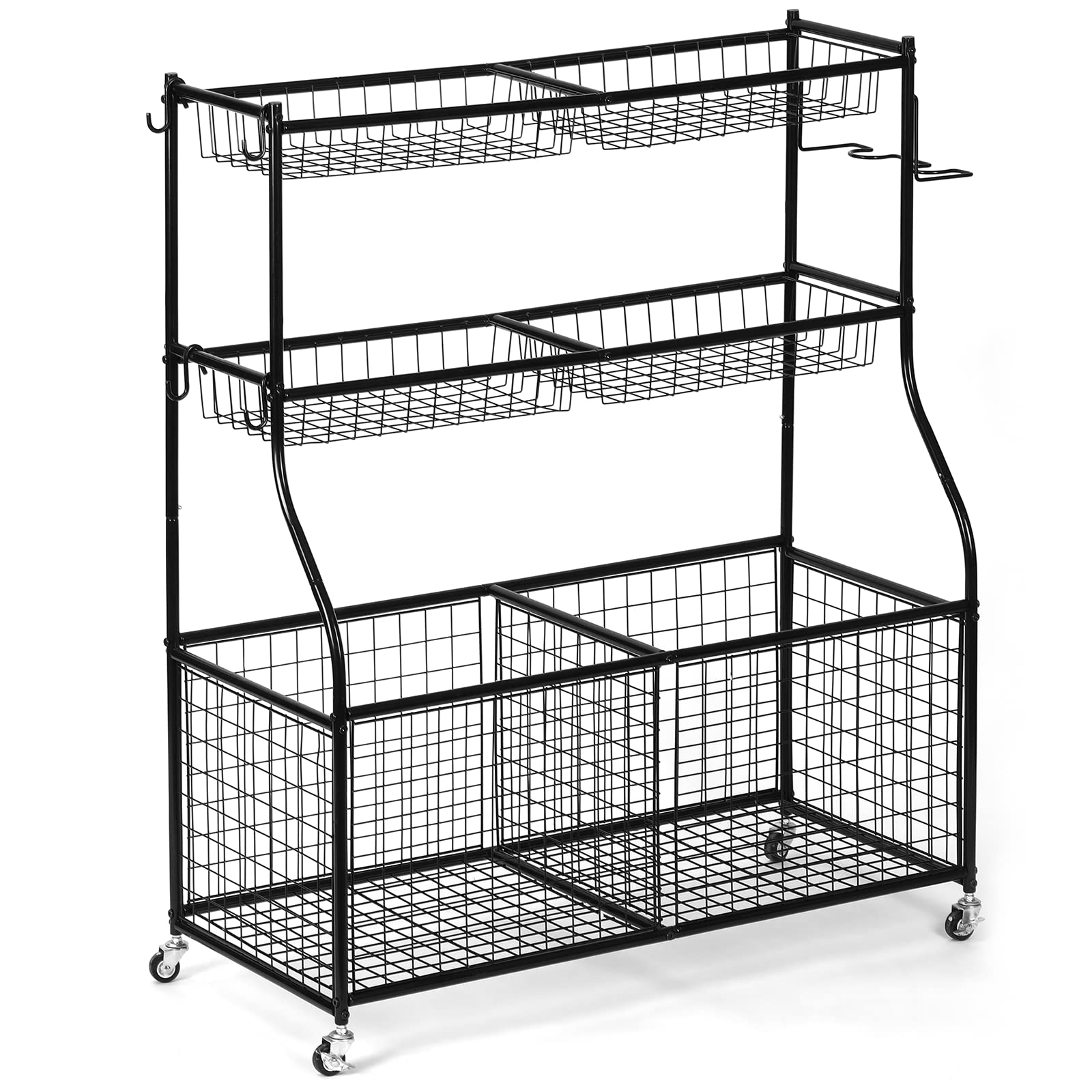 Garage Sports Equipment Organizer, Garage Ball Storage with Baskets and Hooks, Thickened Steel Ball Storage Rack, Rolling Sports Ball Storage Cart, Garage Organizer for Indoor/Outdoor Use, Black