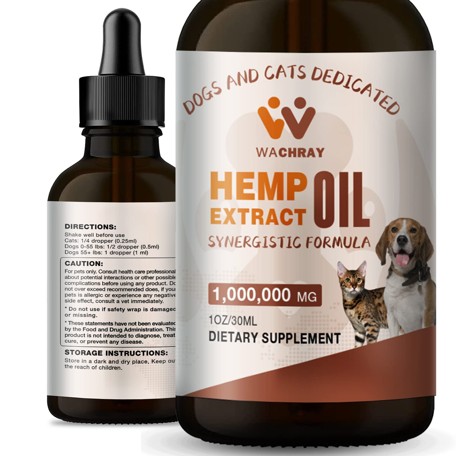 WACHRAY Hemp Oil for Dogs and Cats - 100,000,0 Max Potency - Made in USA - Helps with Hip & Joint, Pain, Arthritis, Relief Anxiety and Stress - Pets Organic Hemp Drops - Miracle Formula - (1-Pack)