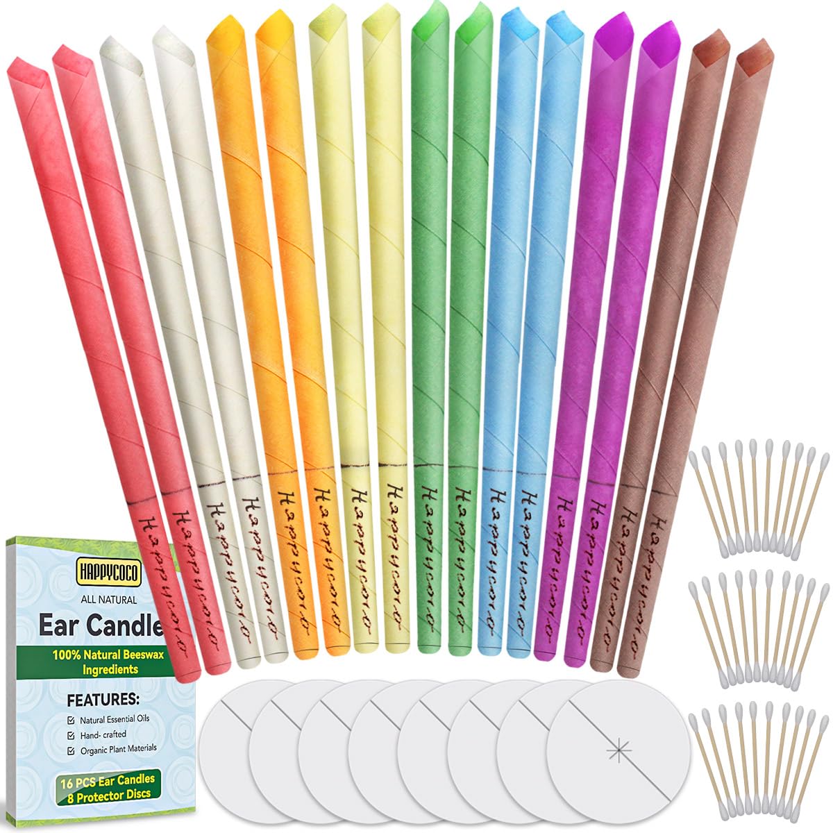 Ear Candles, Happycoco Hopi Ear Candles All Natural Beeswax Canding Cones Ear Wax Remover Candles 100% Non-Toxic Cylinders Fragrance Hollow Cone Candles with(8 Colours)+8 Protective Disks