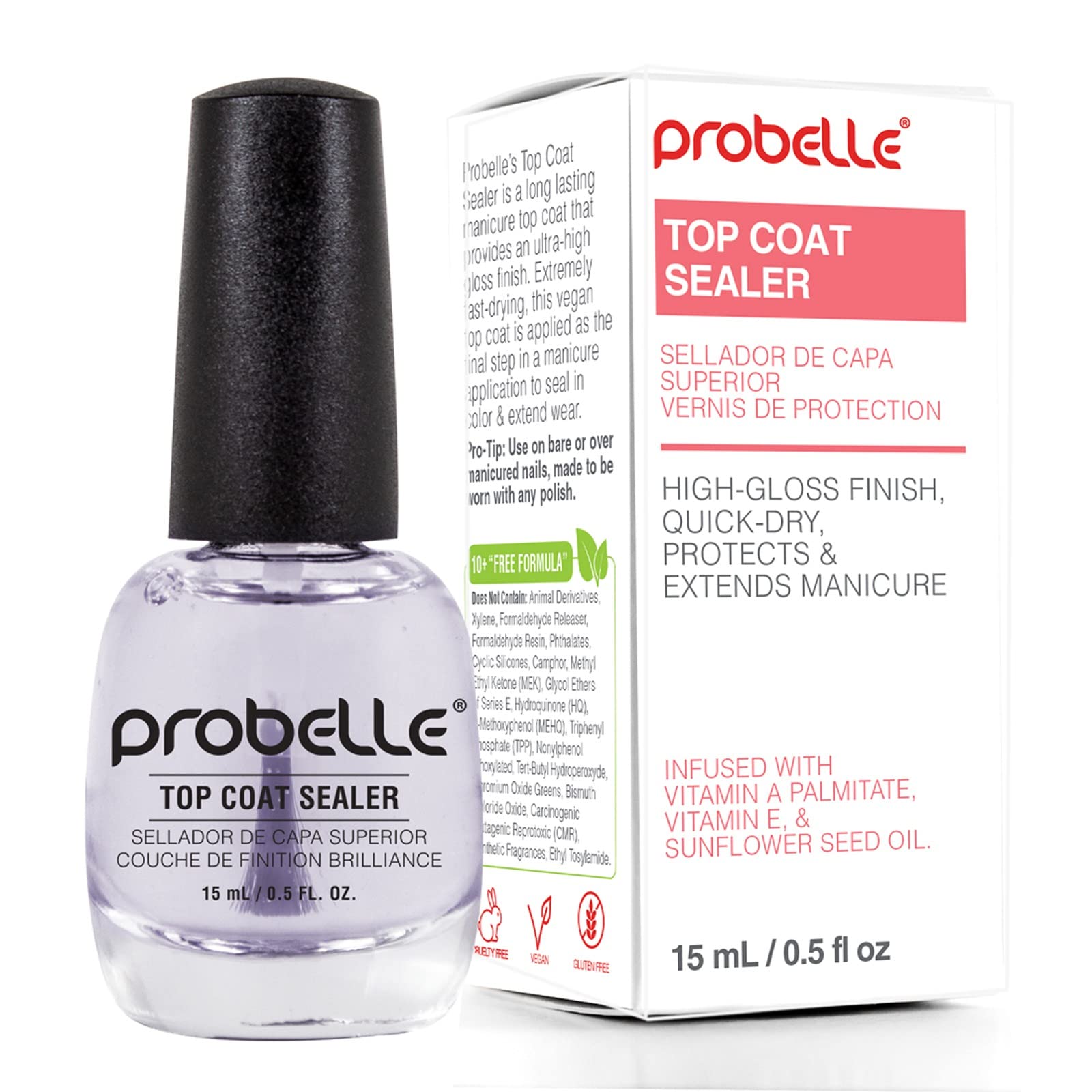 ProbelleTop Coat Sealer, Quick Dry Nail Polish Top Coat, High Shine Glossy Nail Finish, Instantly Forms Clear Barrier For Enamel Protection, Fast Dry Manicure, Long Lasting Results, 0.5 fl oz/ 15 mL