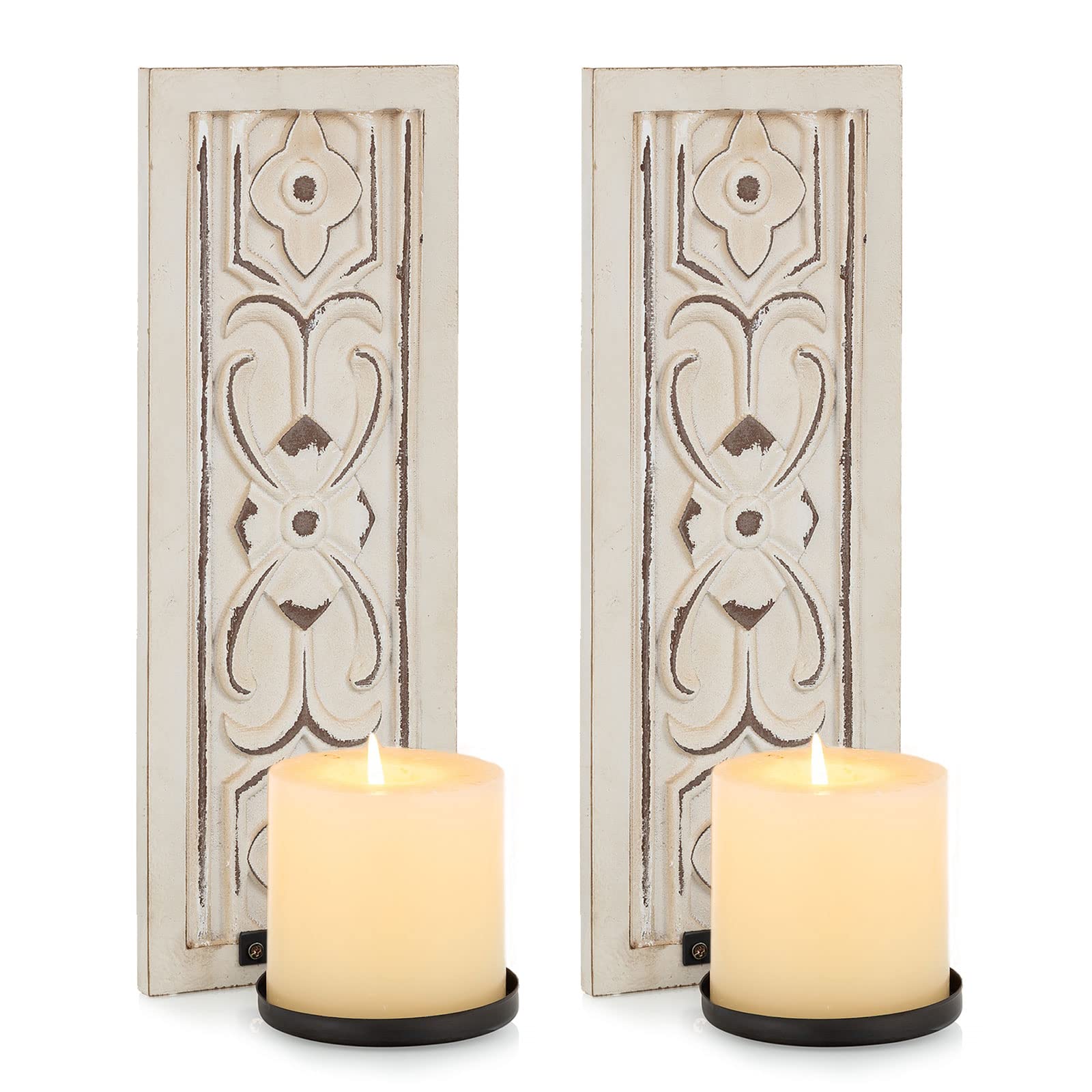 Wall Candle Holder Sonces Set of 2: Romadedi Vintage Wooden Candle Sconces Wall Mount Rustic Decor Whitewash for Farmhouse Antique Living Room Bathroom Hallway Mantel Decorations