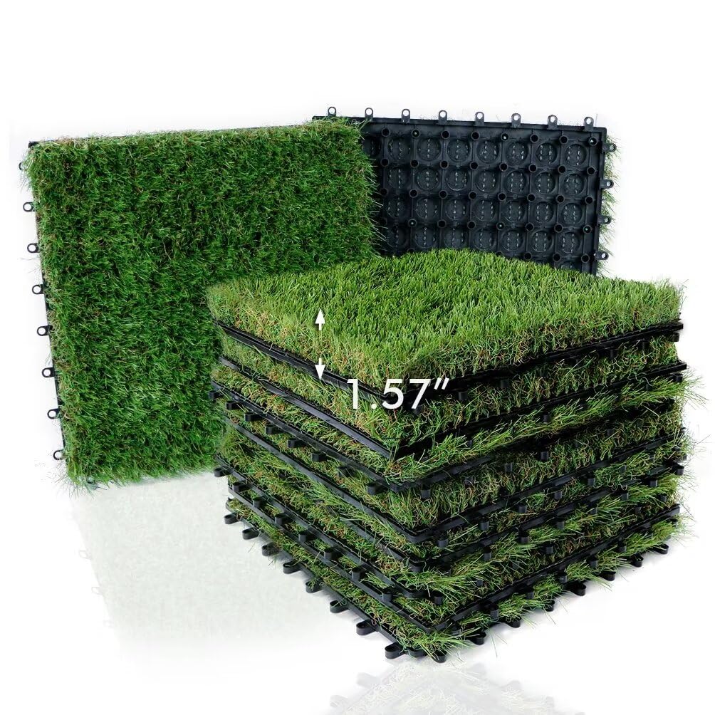 XLX TURFArtificial Grass Tiles Interlocking Turf Deck Set 9 Pack - 12"x12" Synthetic Fake Grass Self-draining Mat Flooring Decor Pad for Dog Pet Indoor Outdoor, 8 Buckle Systerm