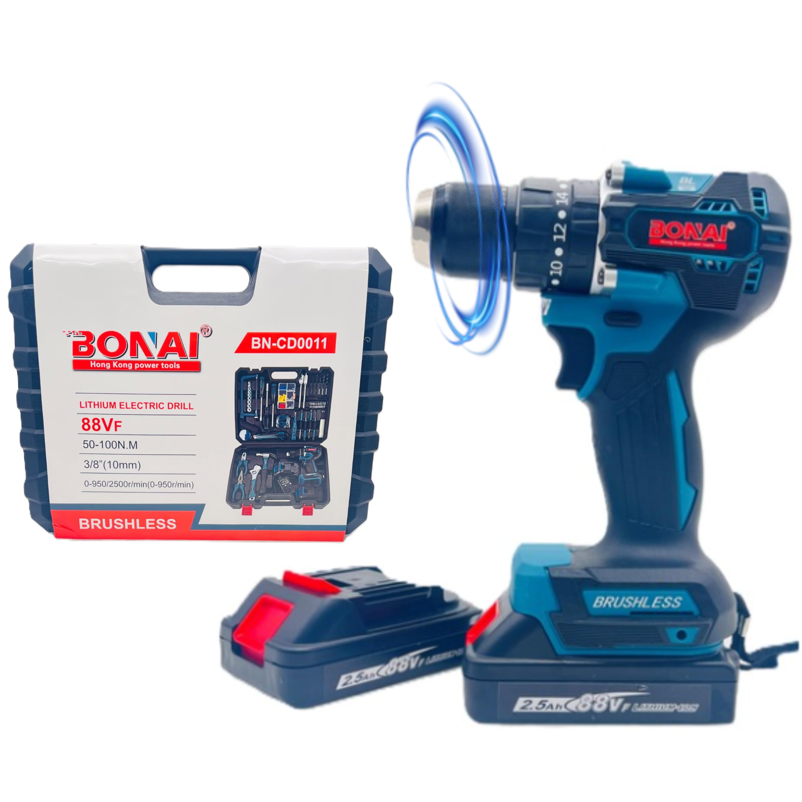 BONAI Complete 88VF Cordless Drill Kit: Double Battery, 100Nm Torque and a Comprehensive Set of Drill/Driver Bits for Unlimited Versatility for Home and Office Use