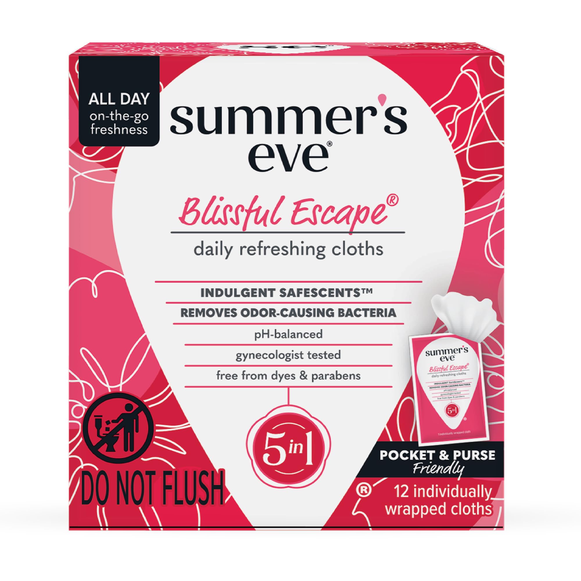 Summer's Eve Blissful Escape Daily Refreshing Feminine Wipes, Removes Odor, pH Balanced, 12 Count, 1 Pack