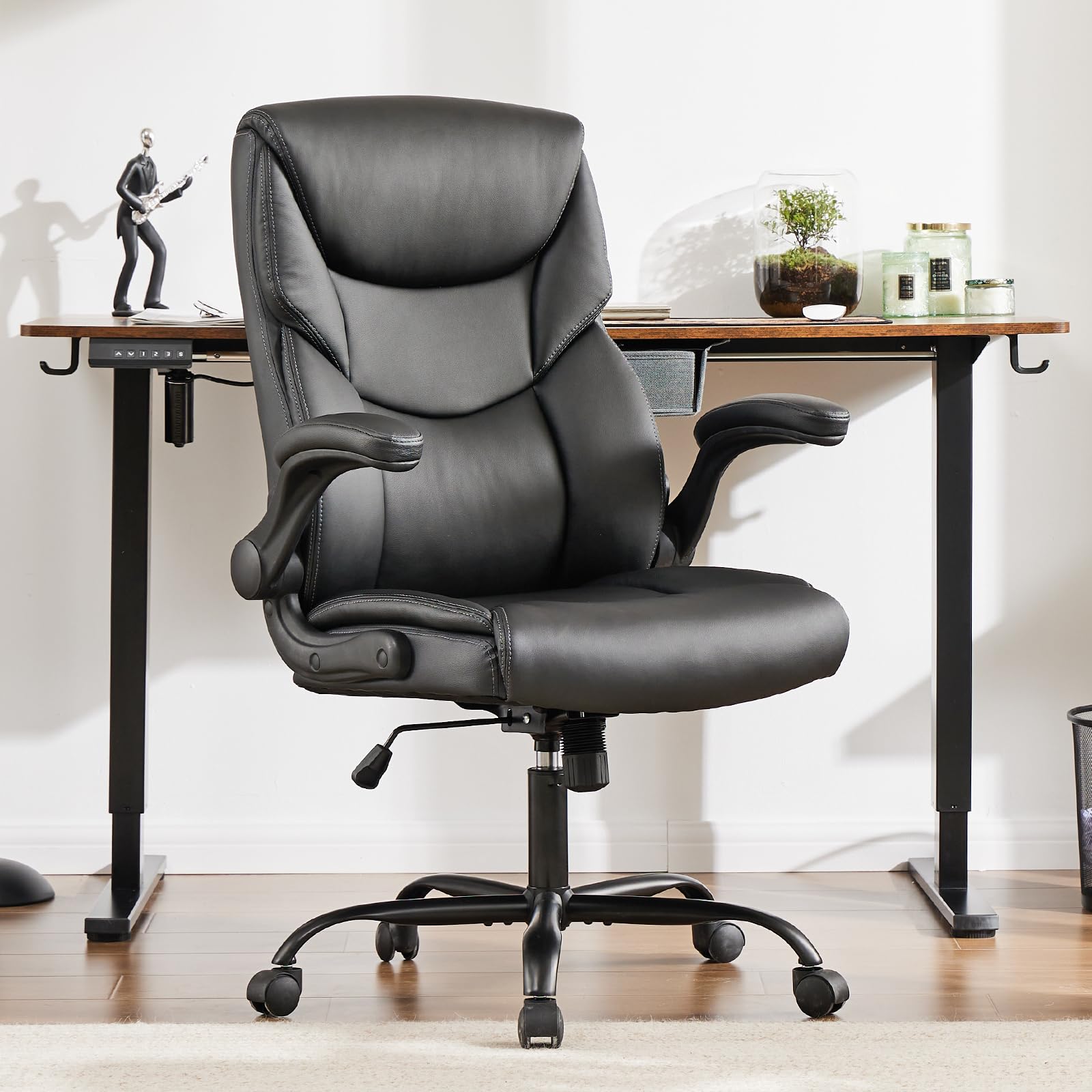 OLIXISErgonomic Home Office Desk Chair - Executive Big Tall High Back with Comfy Lumbar Support & Flip Up Armrest, PU Leather Computer Gaming Task with Swivel Wheels, Height Adjustable, Black