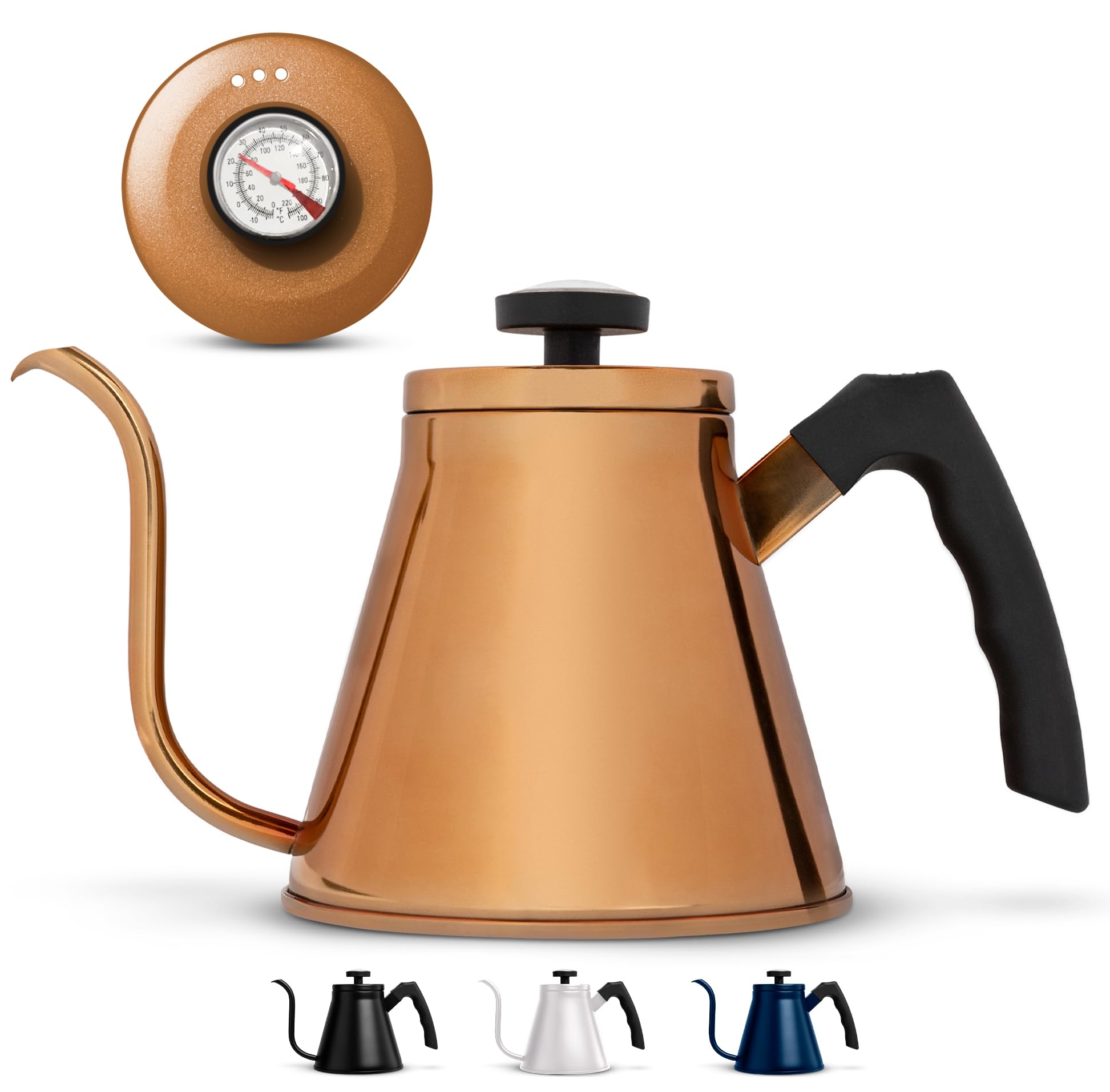 Kook Gooseneck Kettle, Kettle Stovetop, with Thermometer, Tea Pot, for Pour Over Coffee & Tea, Temperature Gauge, Electric, Compatible for Gas Stovetop, 3 Ply Stainless Steel Base, 27 oz, (Copper)