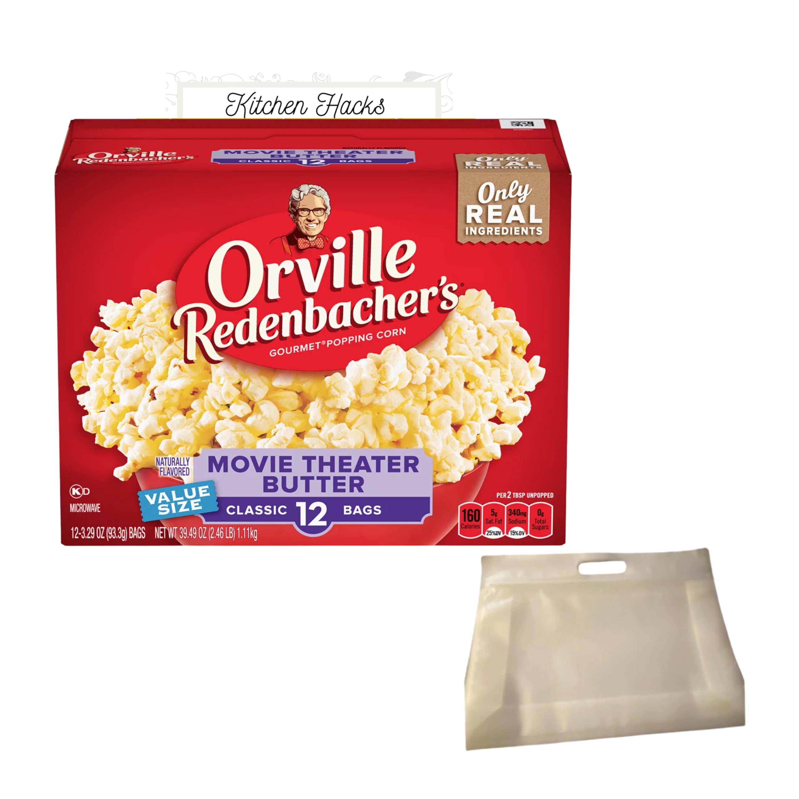 Popcorn Microwave Bundle - Orville Redenbacher Movie Theater Butter Microwave Popcorn 1 Pack (3.29 Oz, 12 Ct) Bundle With Reusable Snack Pouch And Kitchen Hack Card By AMCIENT