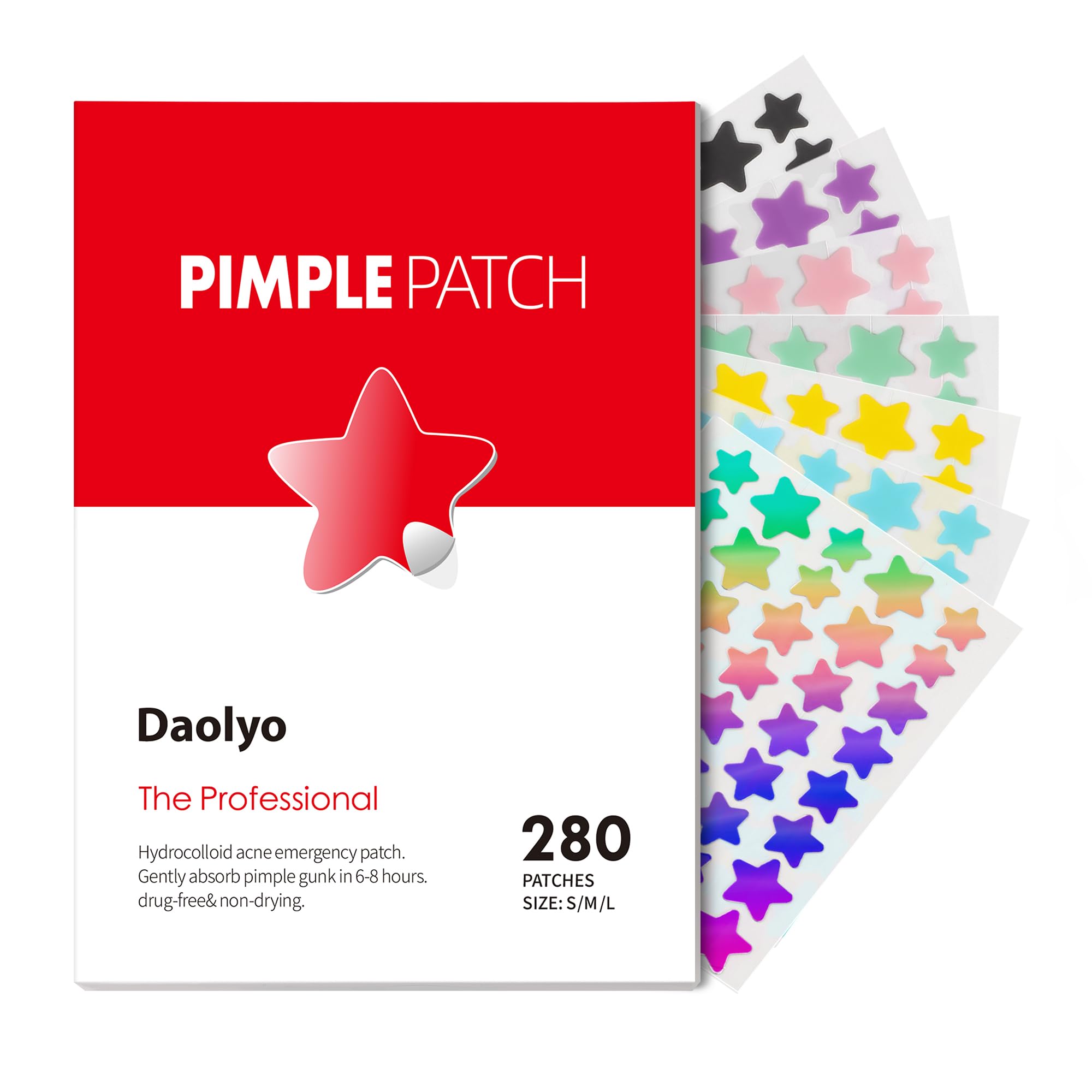 Pimple Patches for Face, 3 Size 280 Counts Acne Patches, Cute Star Pimple Patches with Salicylic Acid, Tea Tree Oil & Calendula Oil, Colorful Hydrocolloid Patches Zit Patches Pimple Stickers