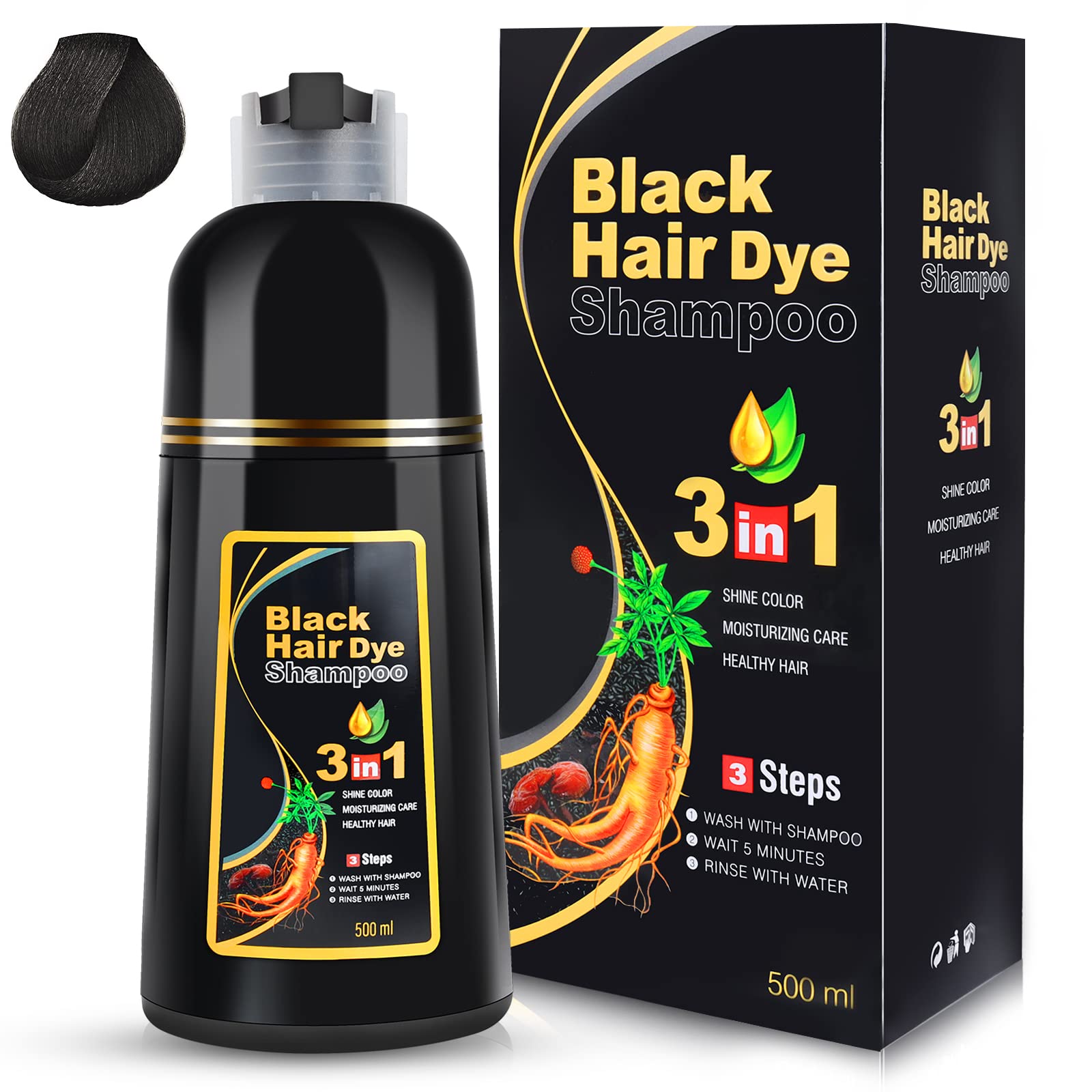 IIIMEIDU Hair Dye Shampoo for Gray Hair, Herbal Ingredients 3 in 1 Black Women Men, Grey Coverage 500ml (Black),17.6 Fl Oz