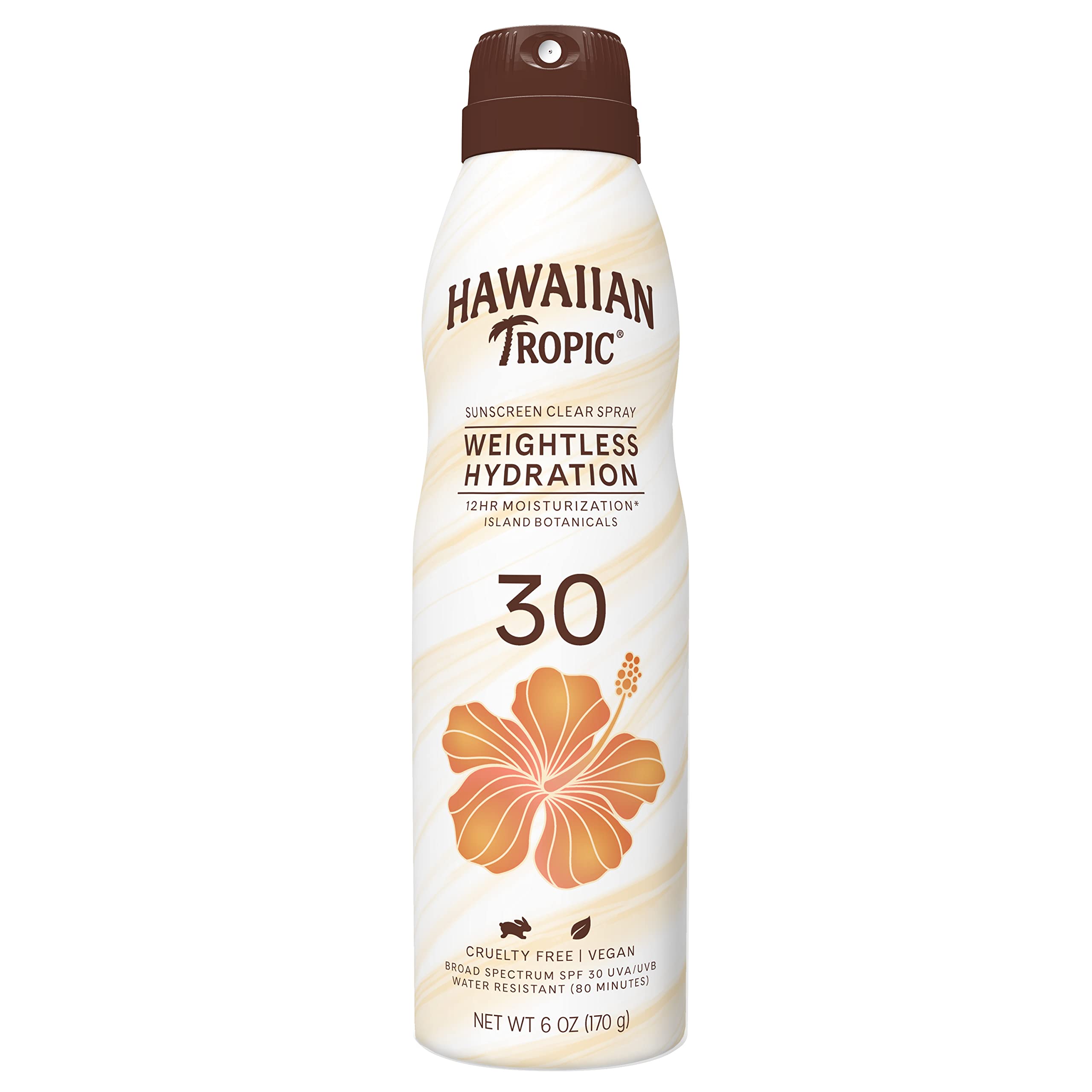 Hawaiian Tropic Sunscreen Clear Spray Weighless Hydration SPF 30 UVA/UVB, 12hrs Moisturization Island Botanical, Vegan,Ultra Light, Water resistant,No Oxybenzone, Dermatologist tested (80 Mins) 170g