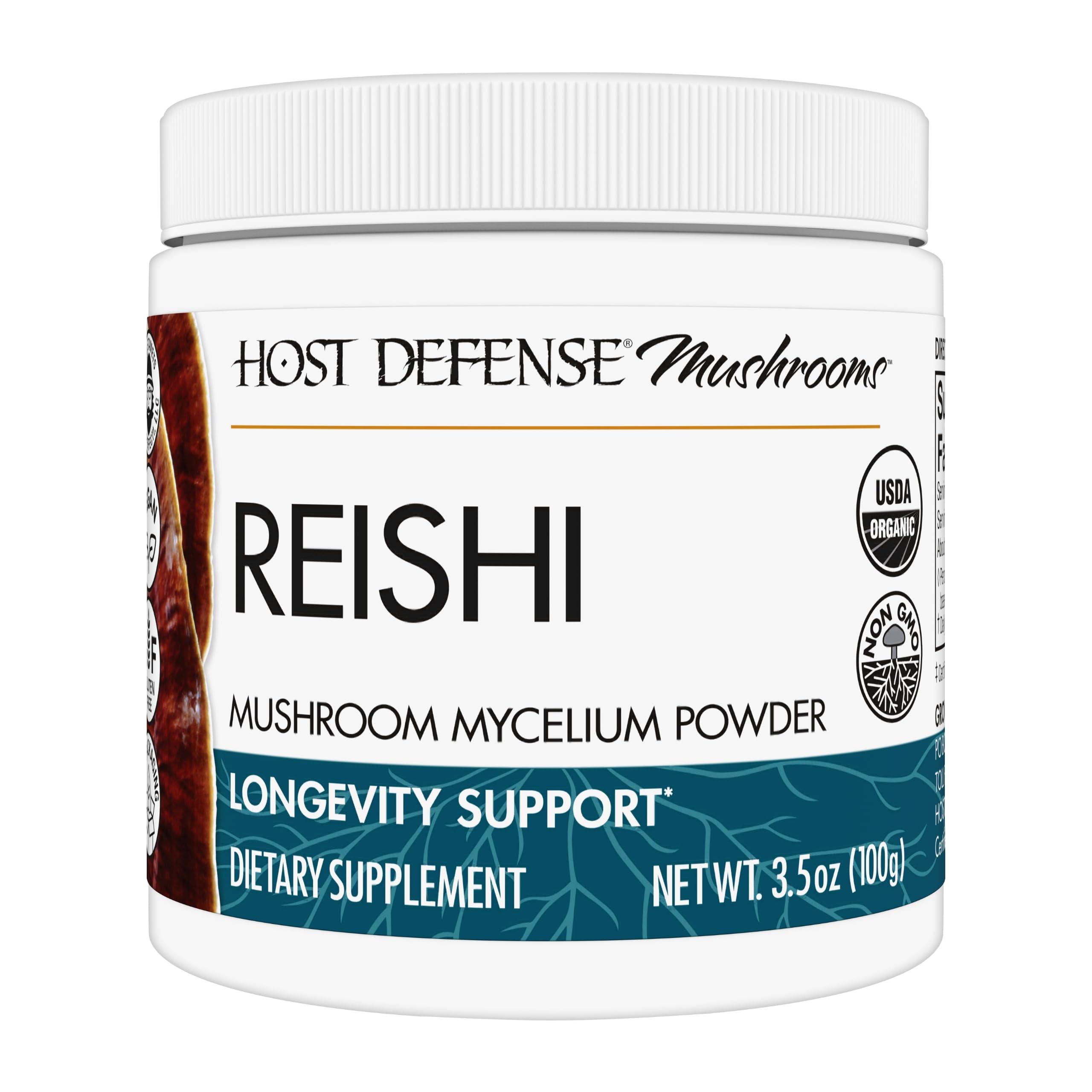 Host DefenseReishi Powder - Mushroom Mycelium Powder - Heart & Immune Health Support Supplement - Mushroom Supplement to Support Energy & Vitality - Aids Overall Well-Being - 3.5 oz (66 Servings)*