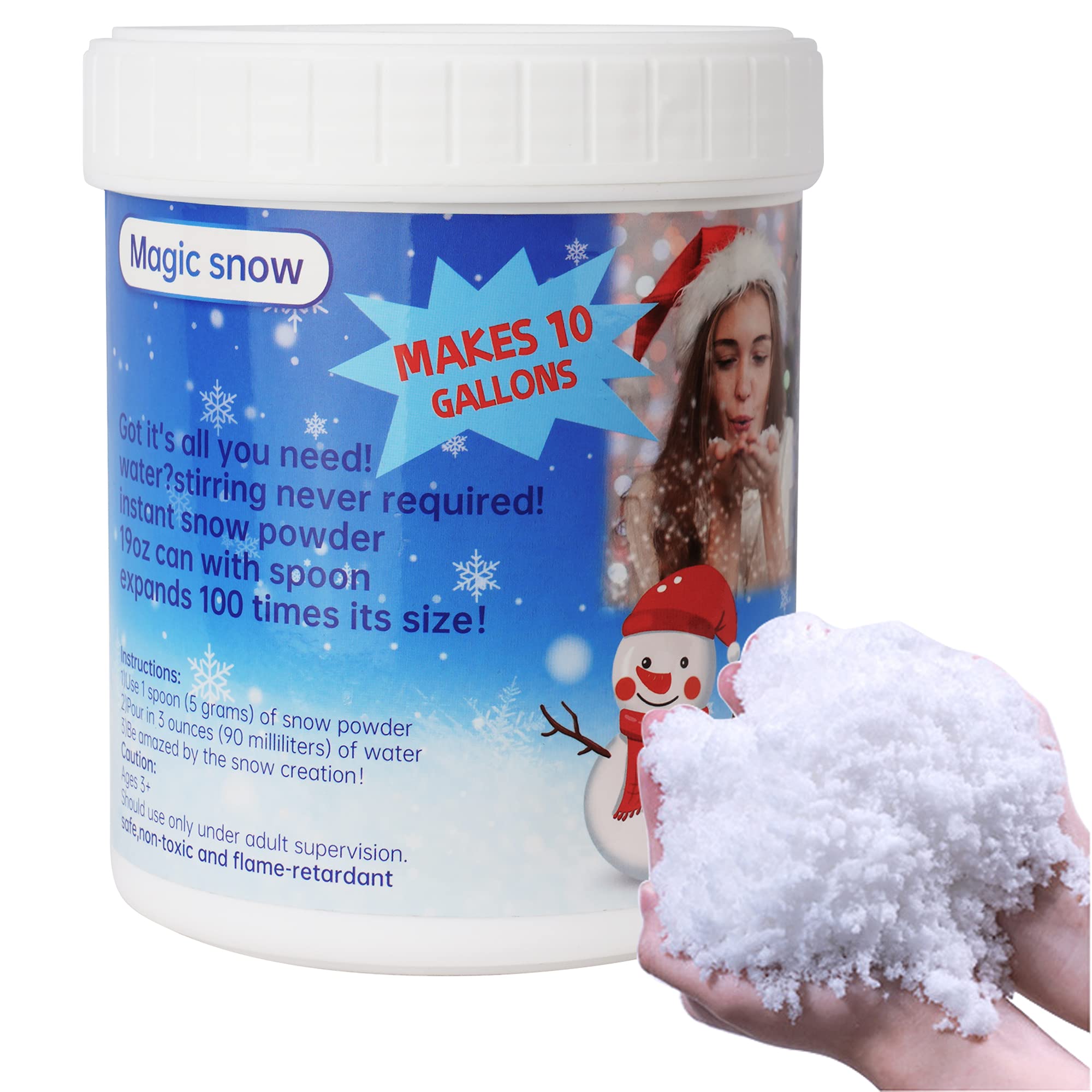 Instant Snow Fake Snow Powder for Cloud Slime, Faux Snow - Makes Over 8 Gallons of Artificial Snow - Includes Plastic Bucket, Shovel – Ages 3+ White