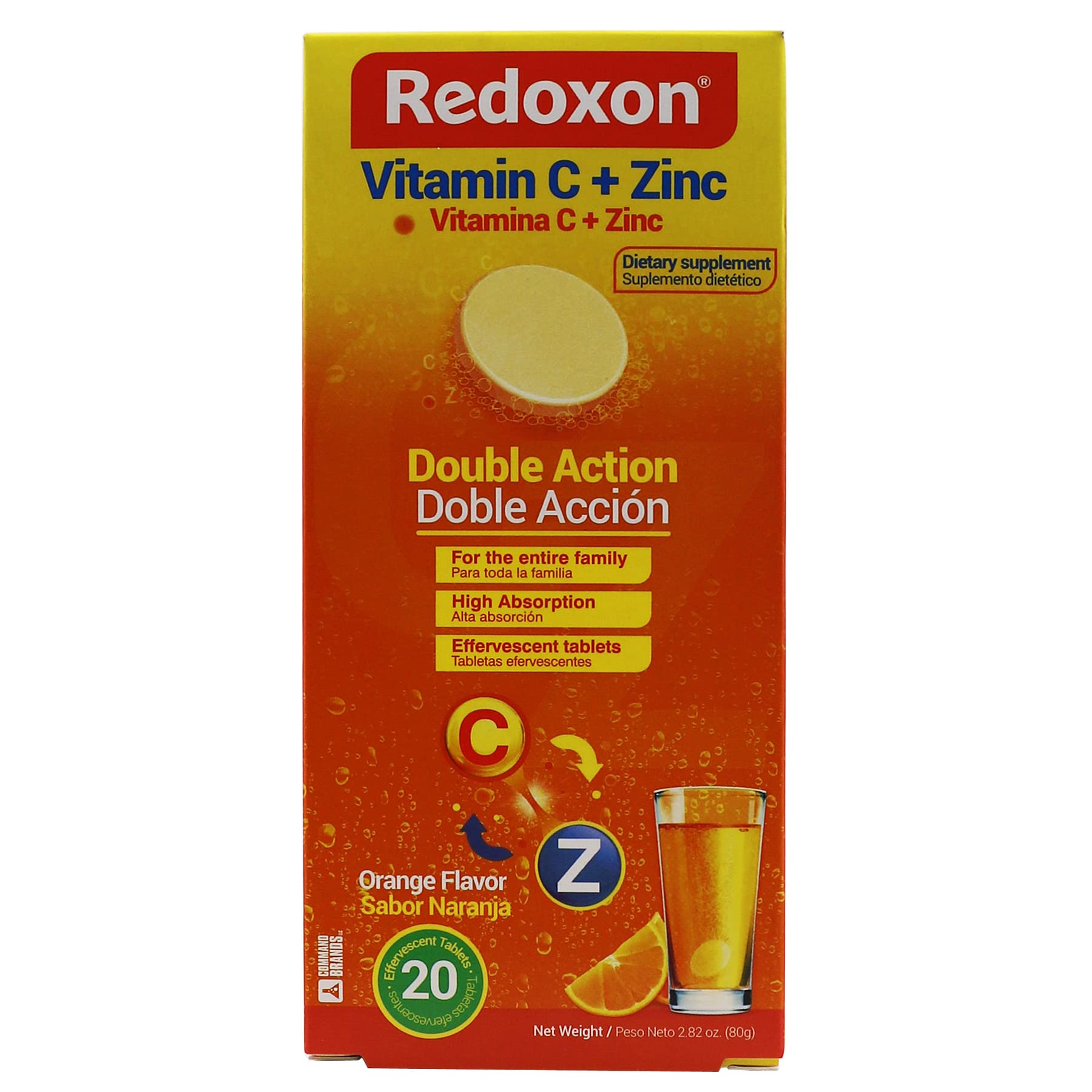 Redoxon Vitamin C + Zinc, Effervescent Tablets of Vitamin C and Zinc, Helps Support Your Immune System, Orange Flavor, 20 Effervescent Tablets, 2.82 Oz, Box