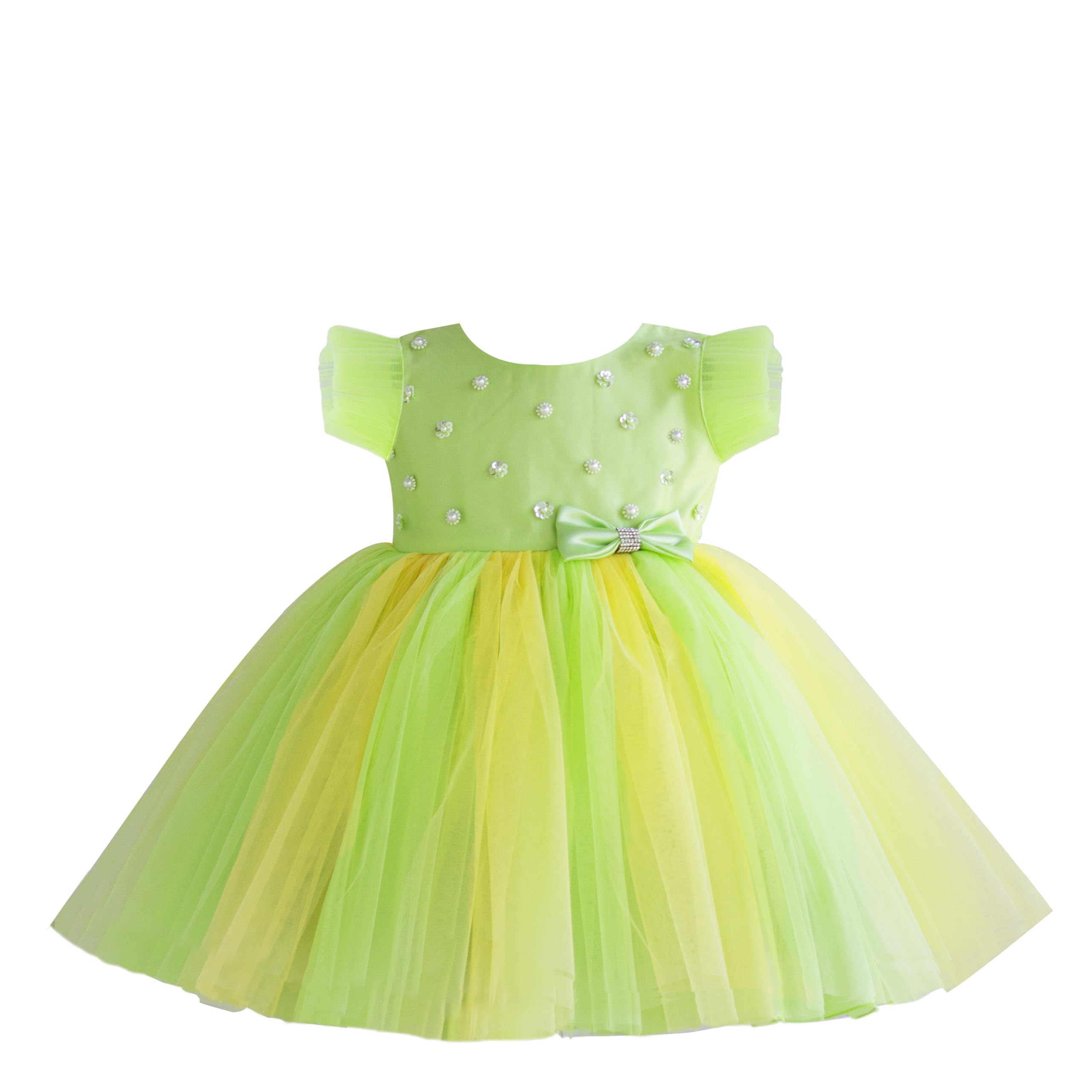 Stanwells KidsBaby Girls Birthday Frock Dress Net Flared Ruffle Pattern Sleeveless Hand Embroidery Designer Colourful Flower Knee Length Baby Girls Pleated