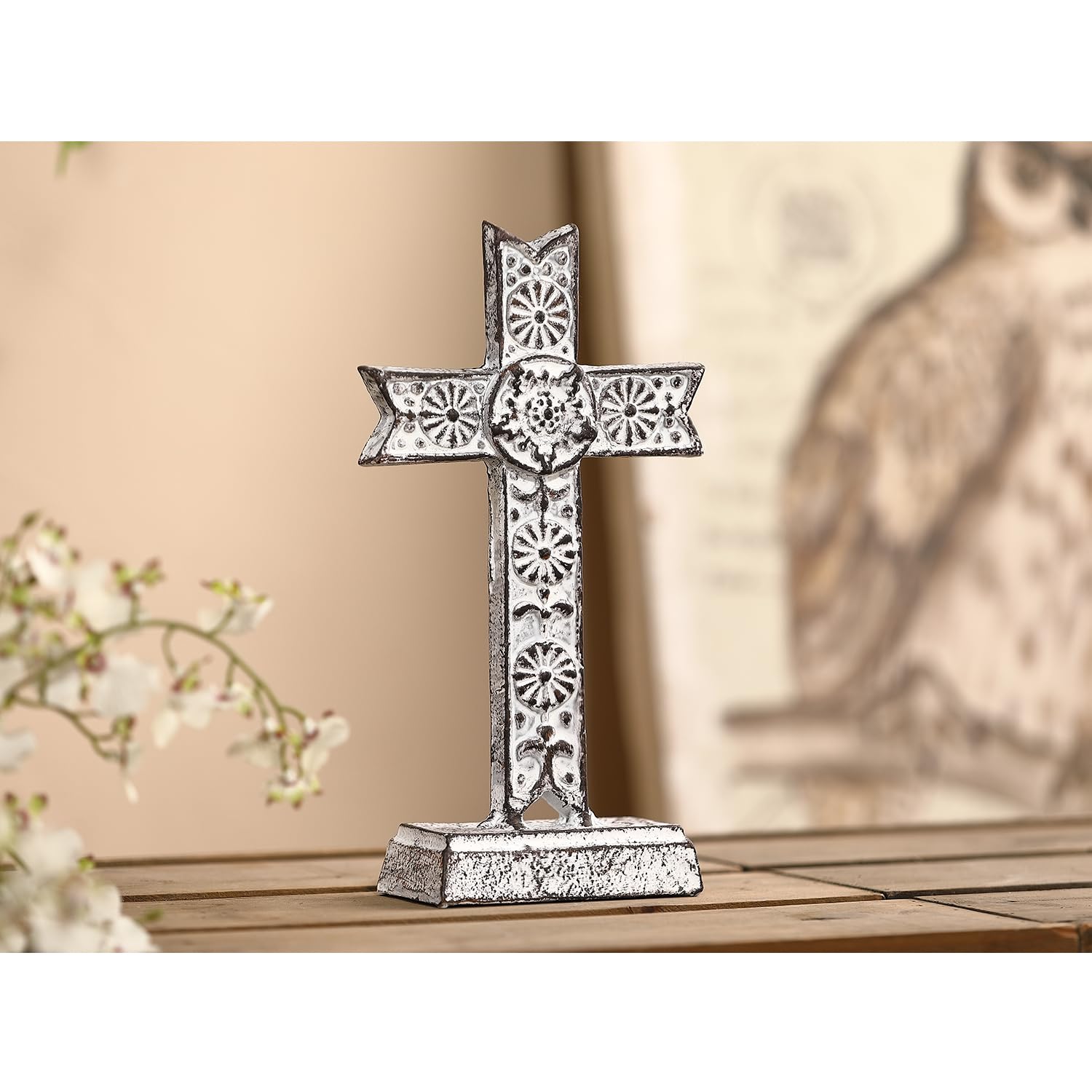 Retrome 11" H Cast Iron Tabletop Flower Cross Statue for Home Decor, Antique White