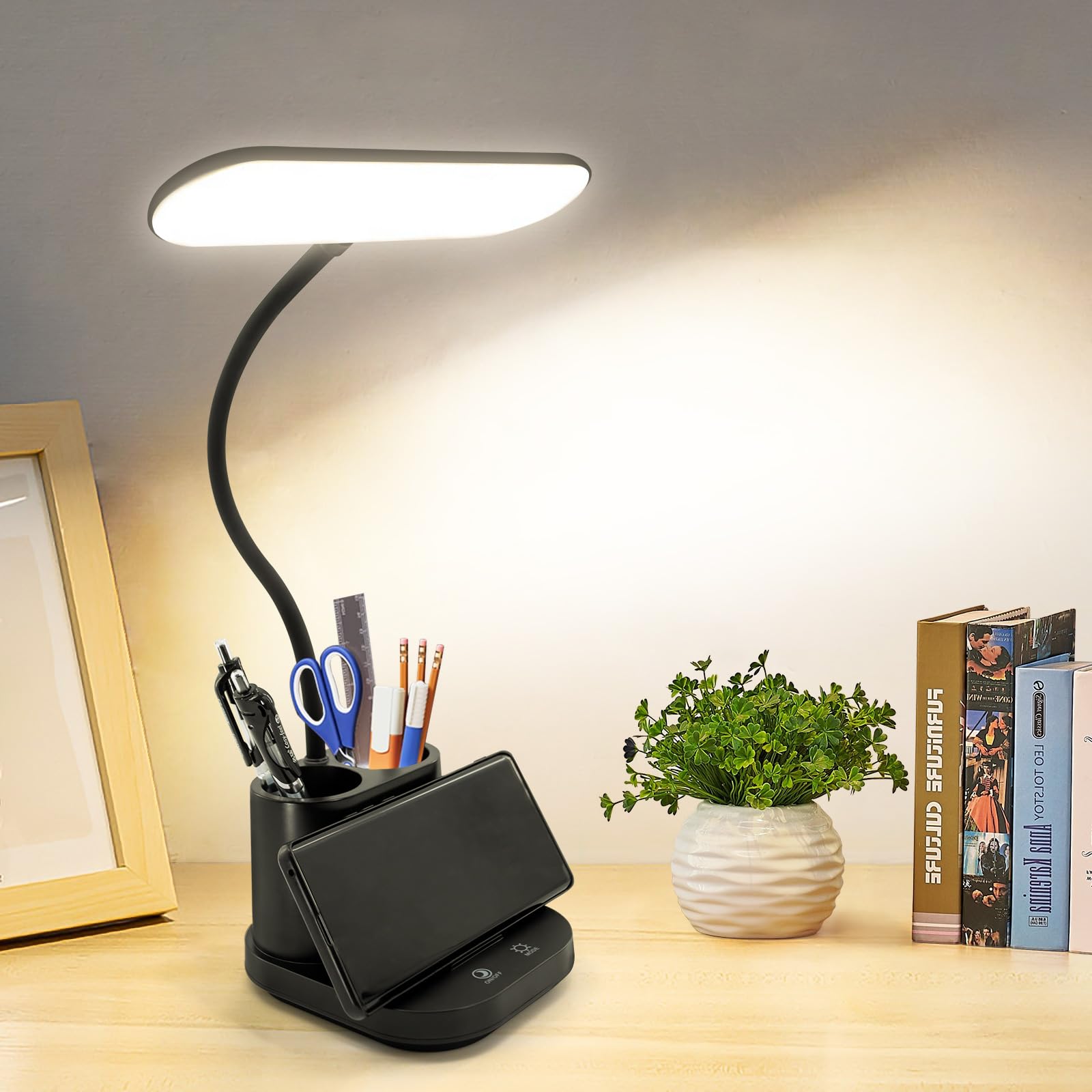 Desk Lamp with Pen & Phone Holder, Super Bright Table Lamp, 3 Modes & Touch Dimmable, Eye-Caring Reading Lamp, 360° Flexible Night Light with USB Charging, LED Desk Lamp for Bedroom Home Office Study