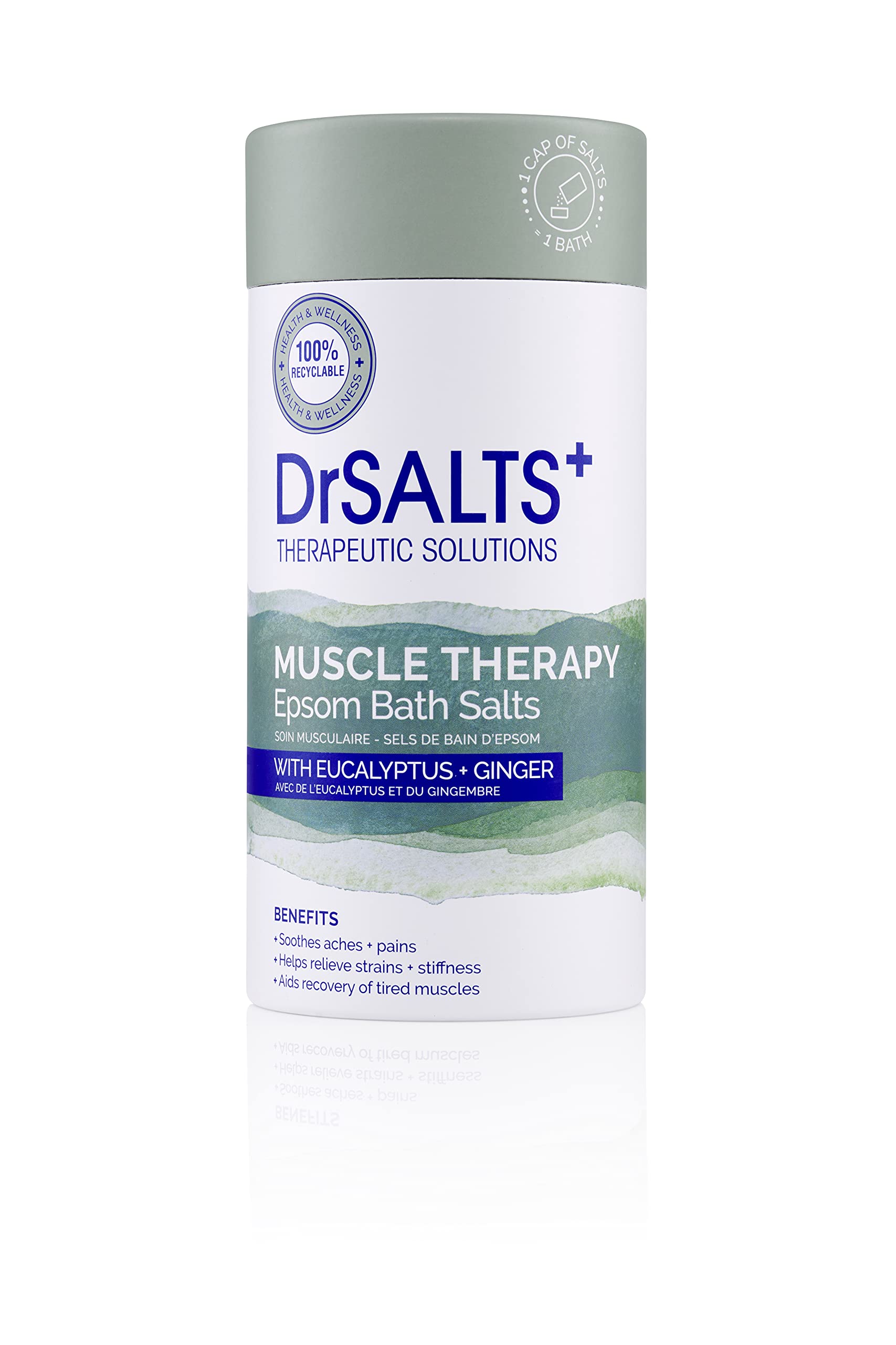 DrSALTS+ Muscle Therapy Epsom Salts - Invigorating Epsom Bath Salts for Muscle Recovery with Eucalyptus, Ginger and Rosemary Essential Oils, 750 g