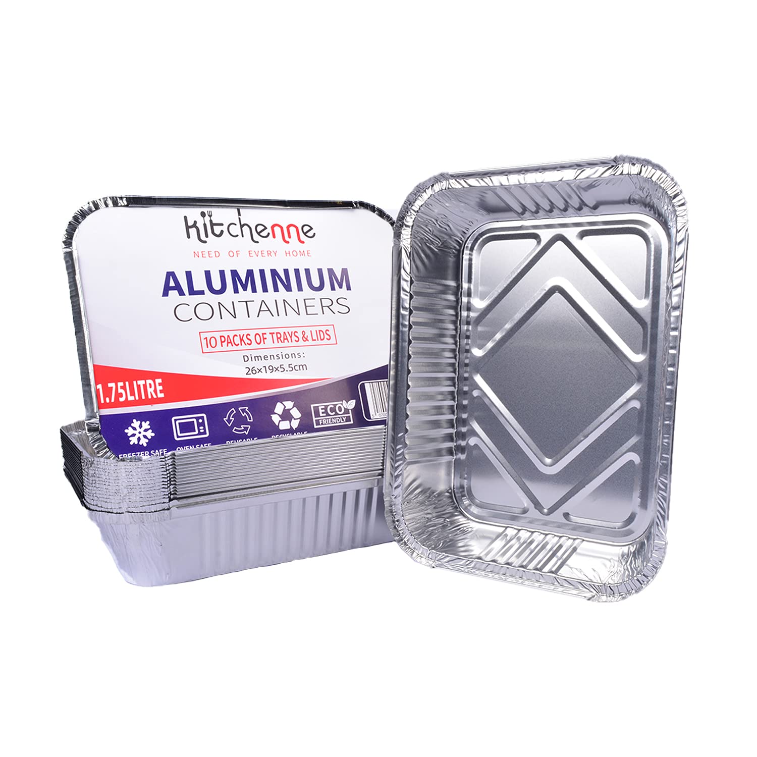 Kitchenne [10 Pack] 1750ml Large Aluminium Foil Trays Containers with Aluminium Lids 260x190x55mm - BBQ Drip Pans Ideal for Baking Cooking Catering Freezing and Storage