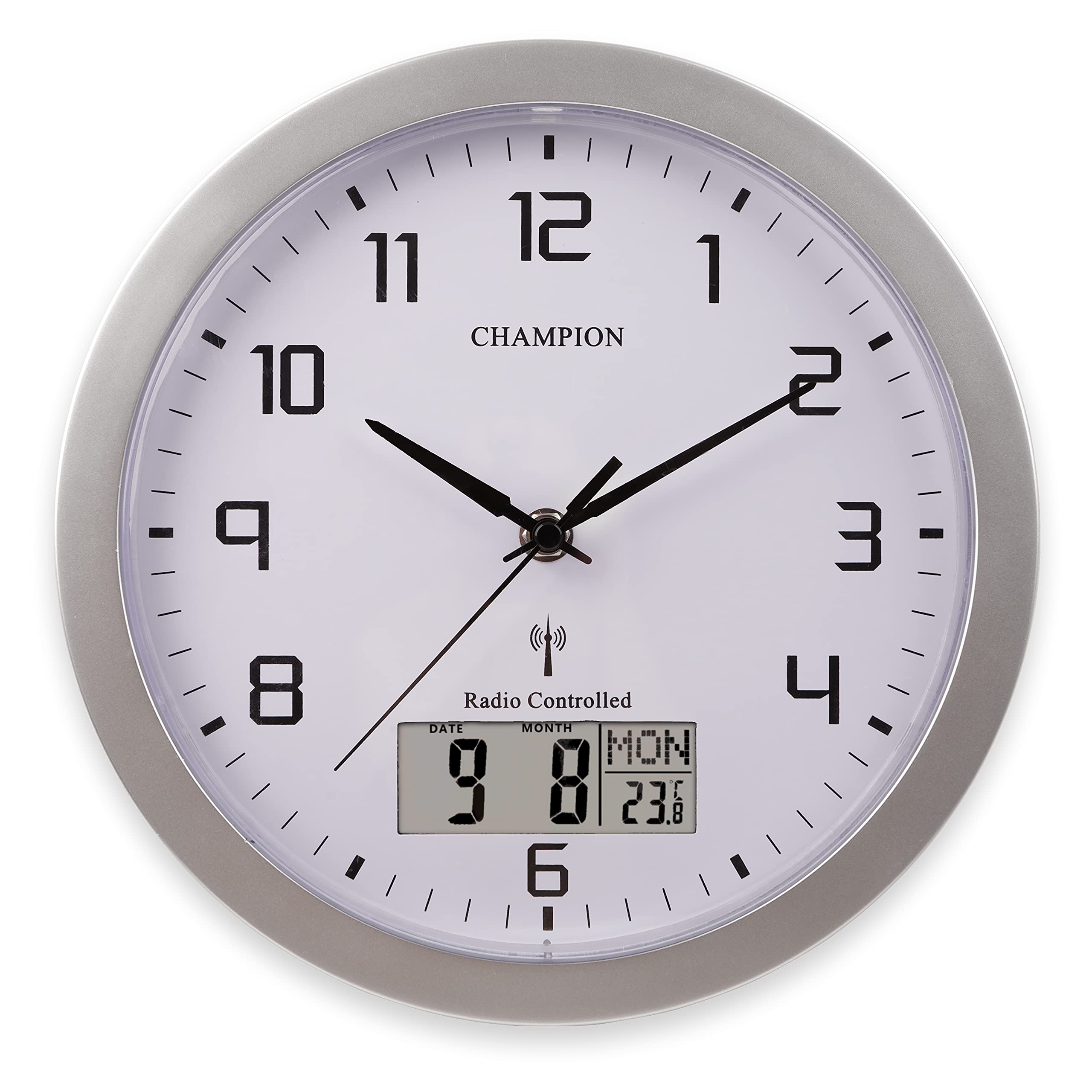 Champion 25cm MSF Radio Controlled Quartz wall clock with inset LCD display with day/date - Silver