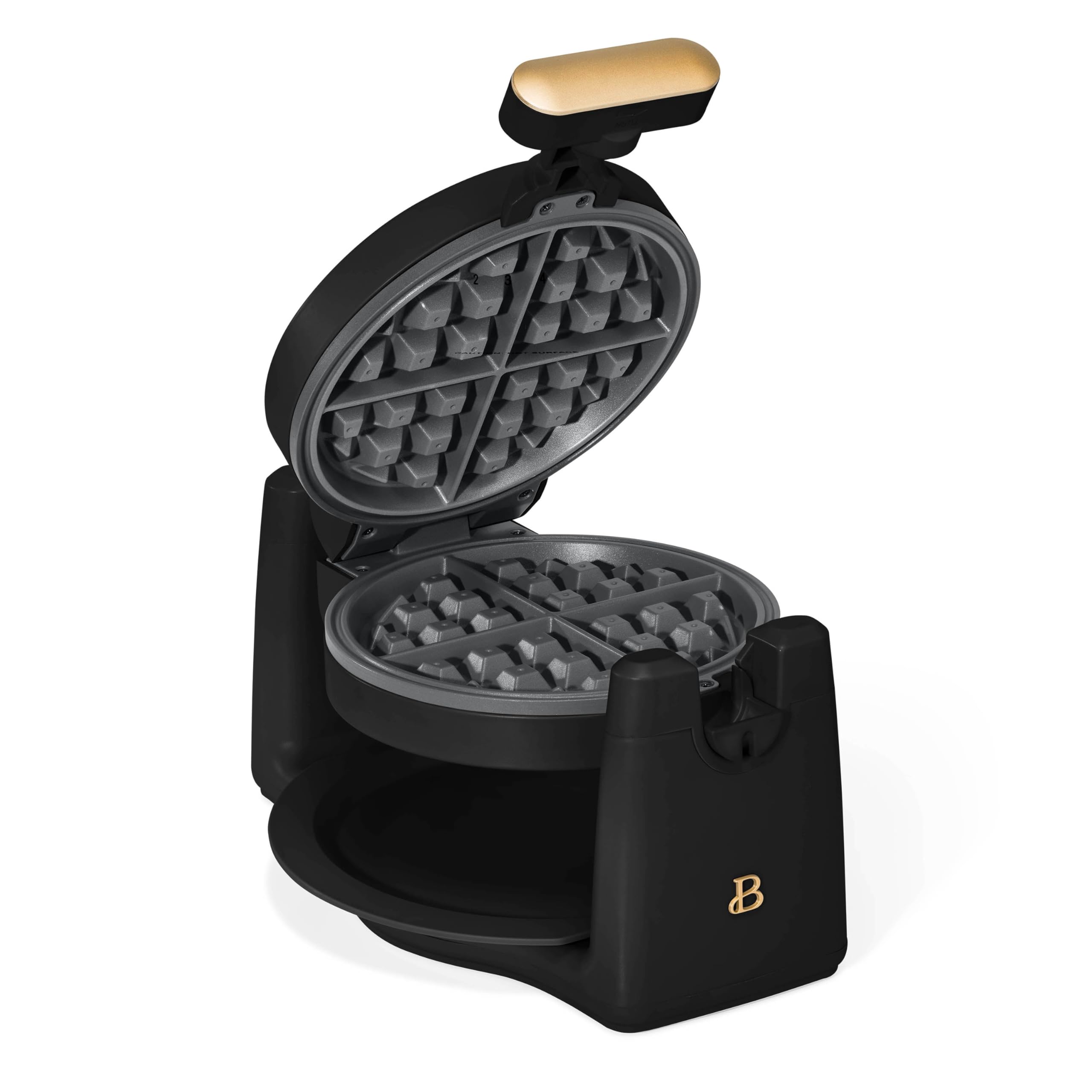 Rotating Belgian Waffle Maker, Black, by Drew Barrymore Flower, Makes 1-Inch Thick Waffles, Stainless Steel (Black Sesame)