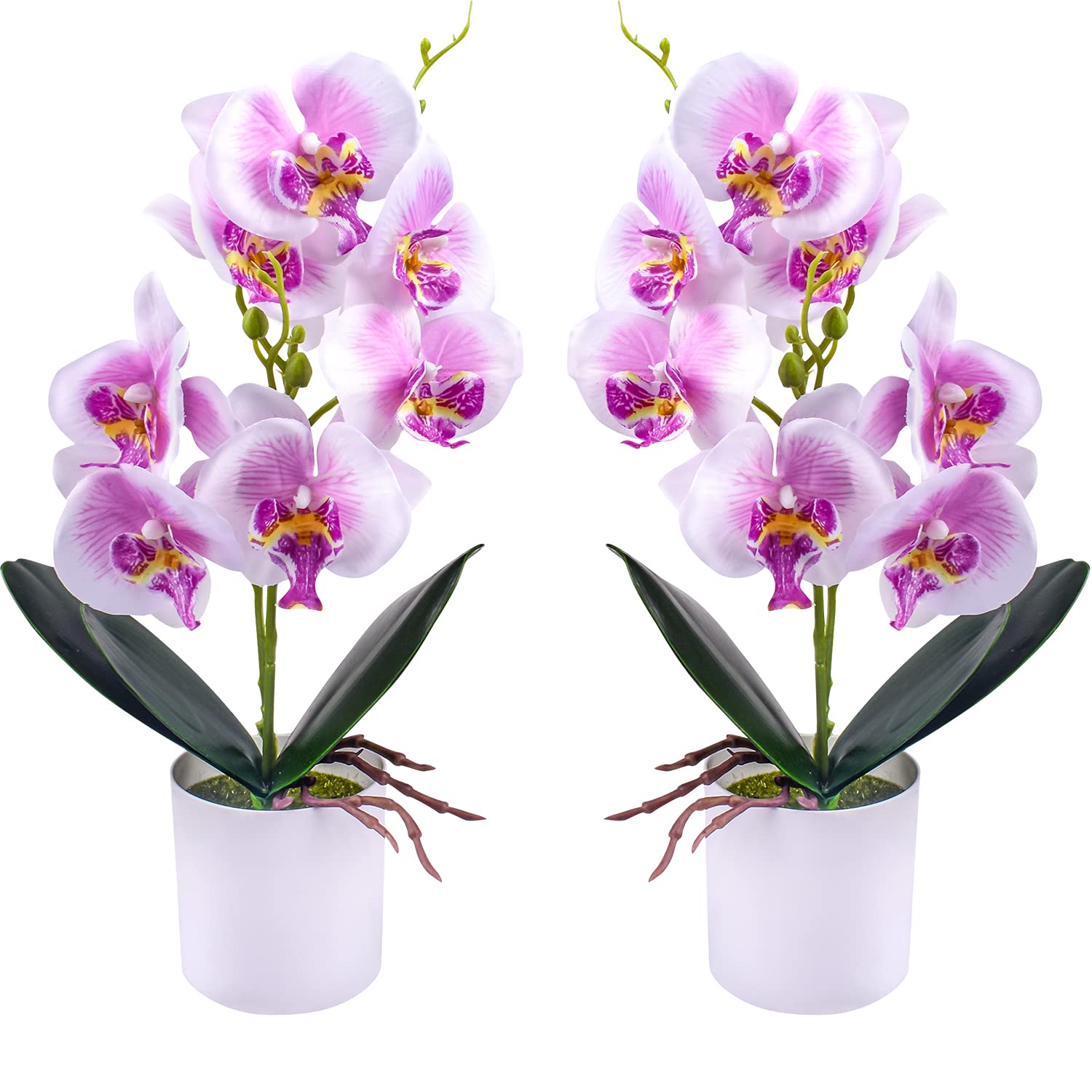 XONOR Artificial Orchid Flowers, 2 Pieces Potted Fake Orchids with Plastic Vase for Table Centerpiece Home Decor Office Wedding Party Decoration