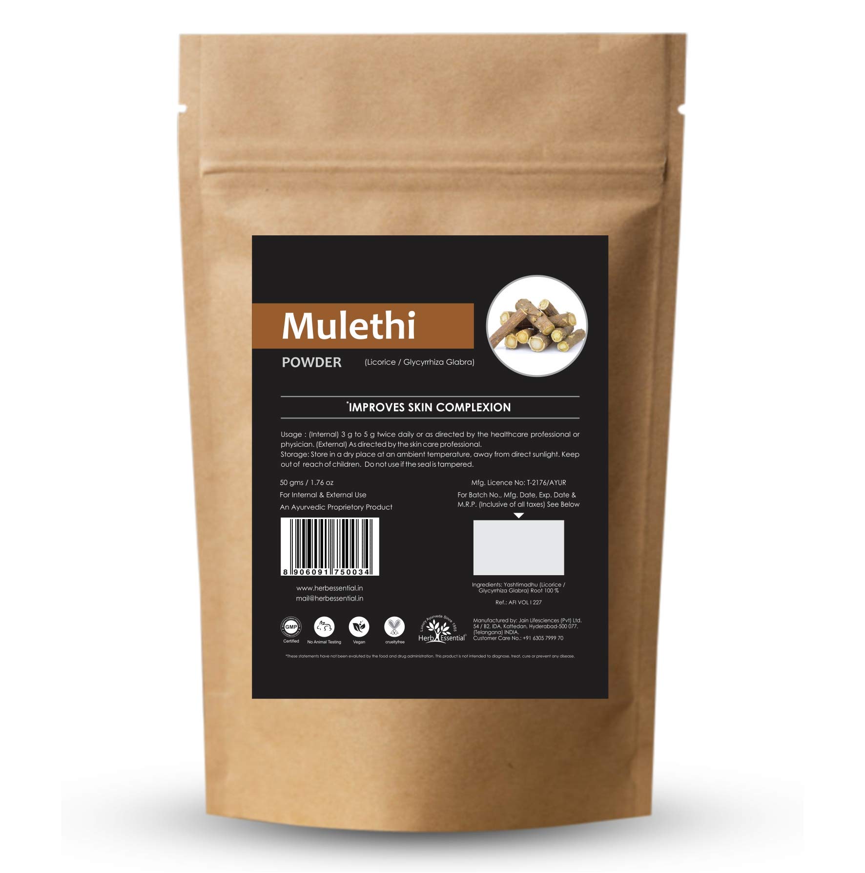 Herb Essential Organic Mulethi (Licorice/Yastimadhu) Powder, 50 g