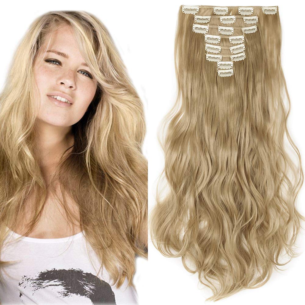 SEGOClip In Hair Extensions 8pcs Premium Quality Synthetic Hairpieces Curly Wavy Full Head Sets 140g, 17 Inch, Ash Blonde