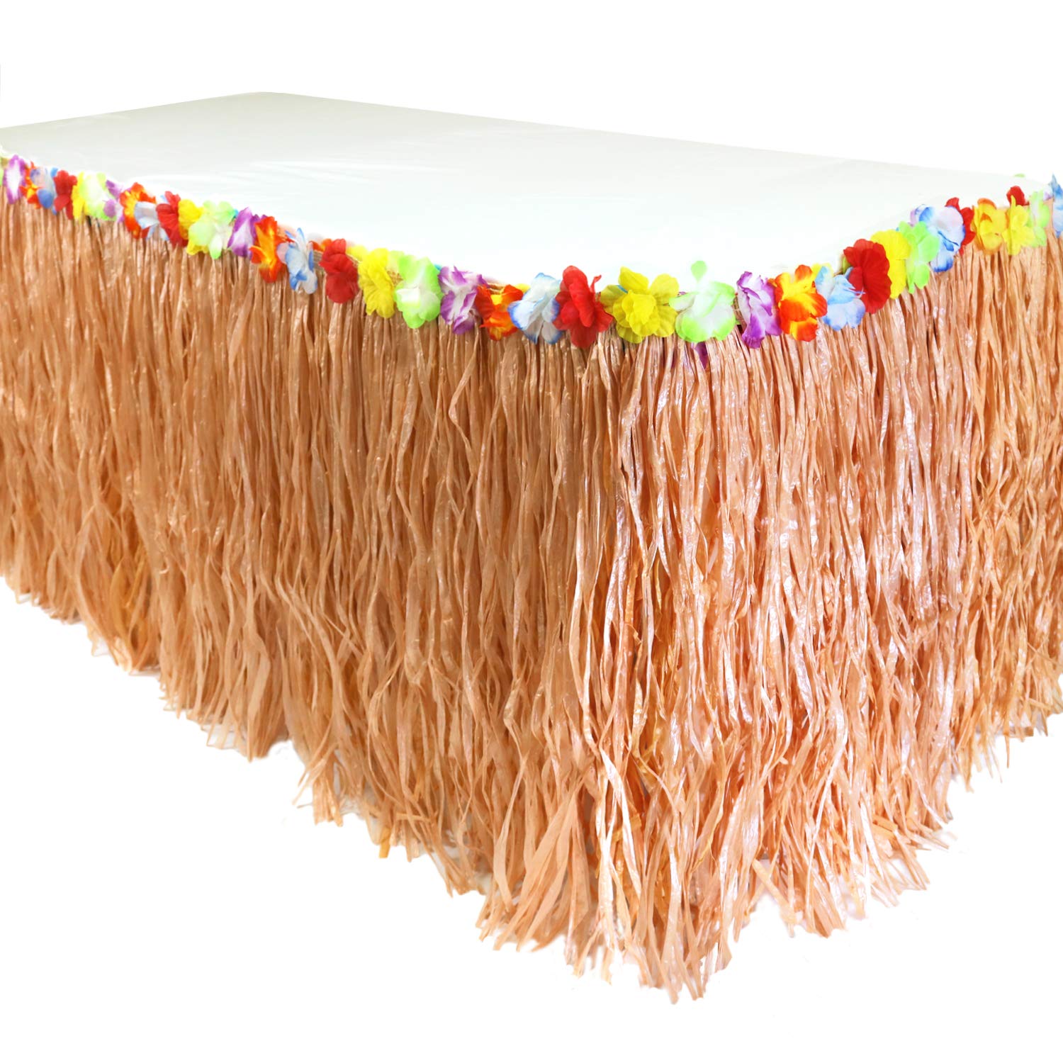 GiftExpress 9 Feet x 29" Luau Grass Table Skirt - Hawaiian Theme Party Party Skirt with Hibiscous Flower Decooration - Fringe Raffia Straw Backdrop for Moana Birthday Decorations