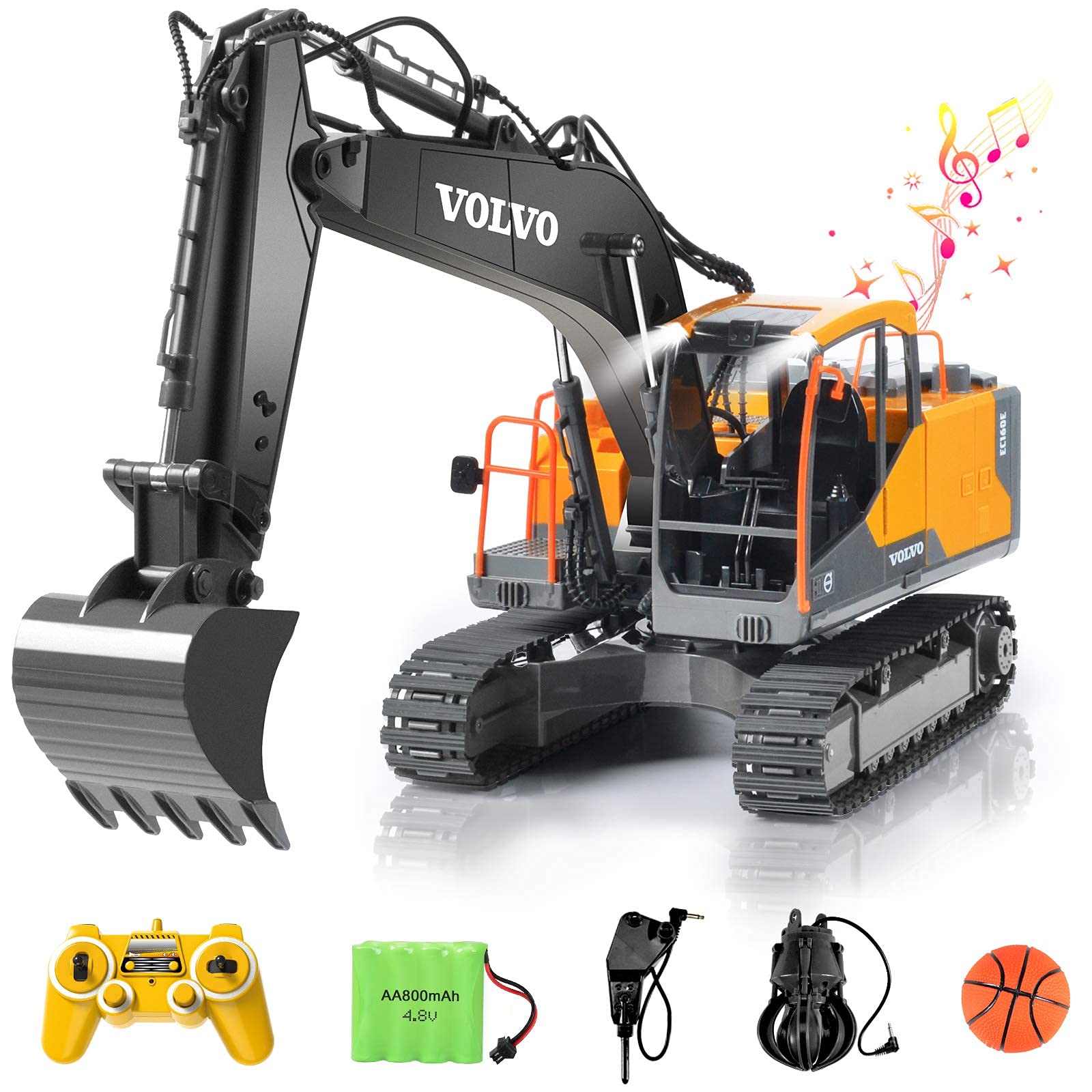 DOUBLE E Remote Control Truck 17 Channel RC Excavator Toy Construction Vehicles with 2 Batteries Metal Shovel Lights Sounds 1:16 Scale RC Tractor