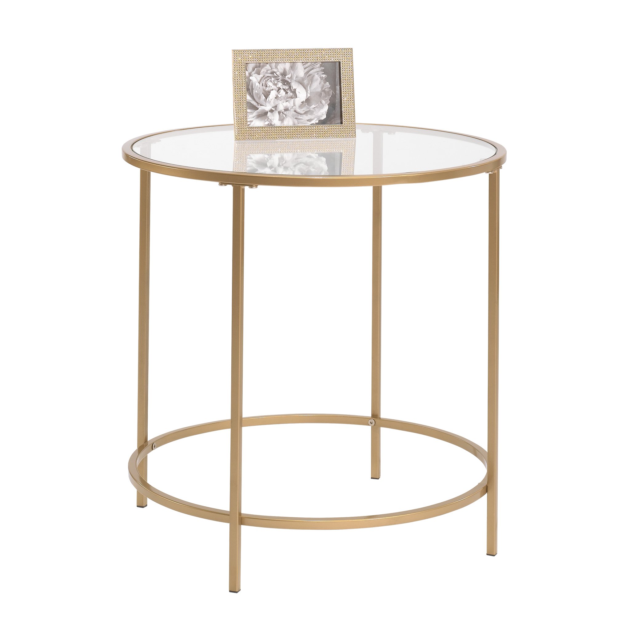 Sauder International Lux Round Side Table, L: 22.01" x W: 22.01" x H: 22.01", Glass/Gold