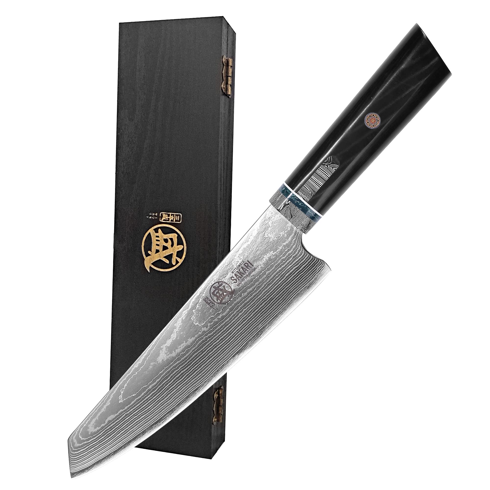 MITSUMOTO SAKARI 7 inch Professional Kiritsuke Chef Knife, Hand Forged Damascus Kitchen Knife, HAP40 Powder Steel japanese Chef's knife (Micarta Handle & Gift Box)