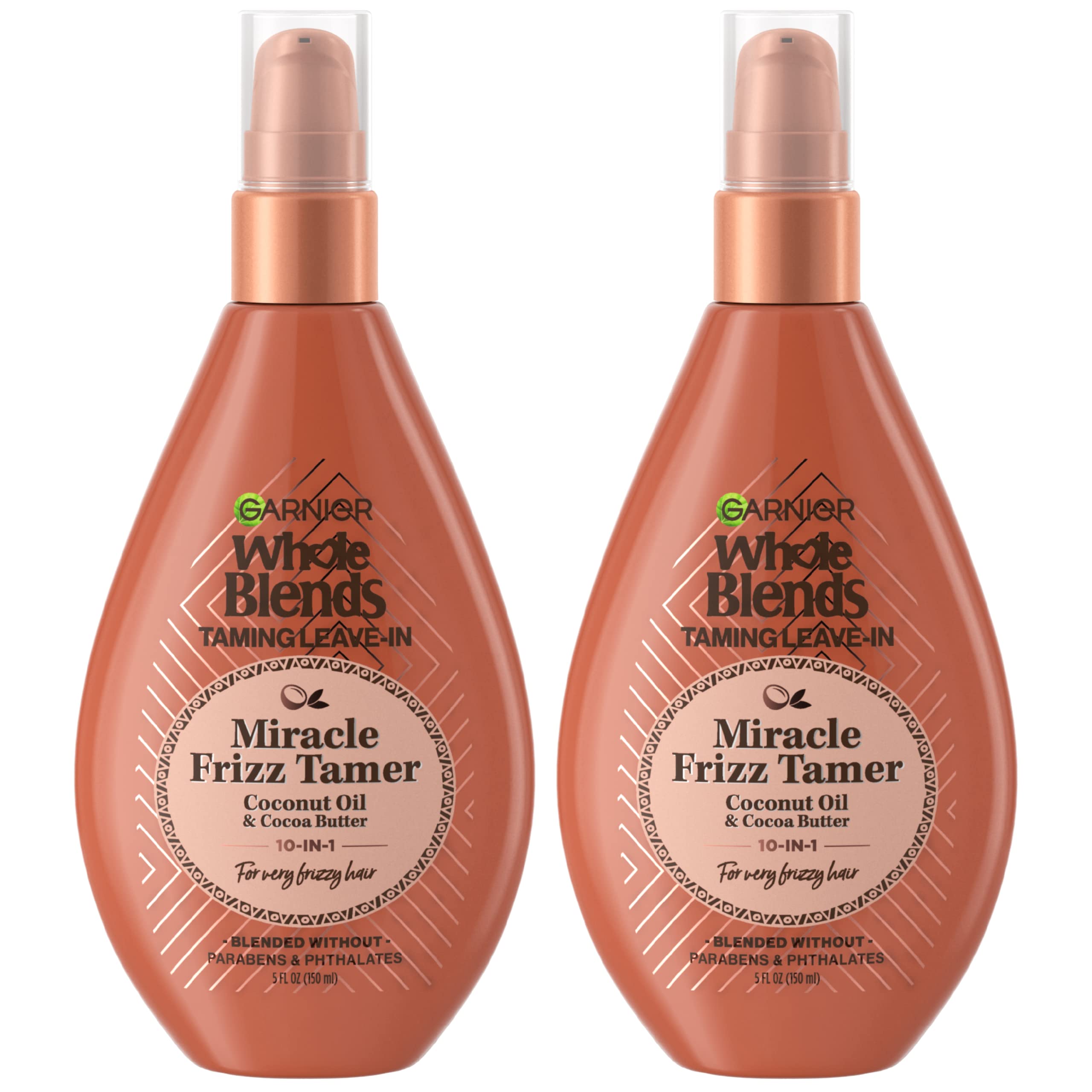 GarnierWhole Blends Sulfate Free Remedy Miracle Frizz Tamer 10-in-1 Leave-In Conditoner for Very Frizzy Hair, Coconut Oil & Cocoa Butter, 5 Fl Oz, 2 Count (Packaging May Vary)