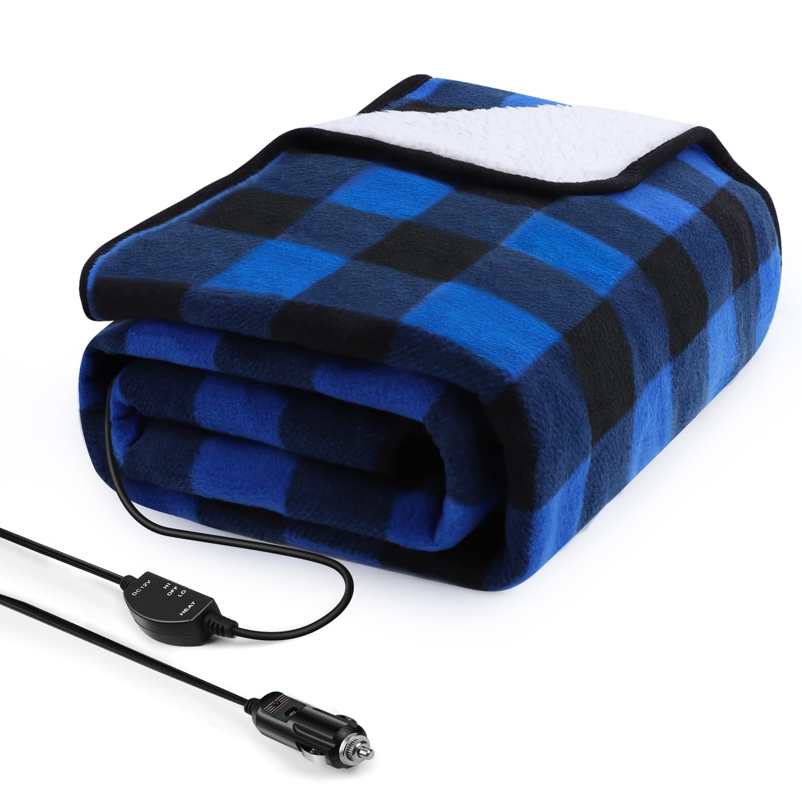 Heated car Blanket - 12/24 Volt Electric Blanket for car, Portable Heated Blanket for Car, Truck, SUV, RV & Camping, with Upgraded Temperature Controller, 59" x 43"(Blue-Black Plaid