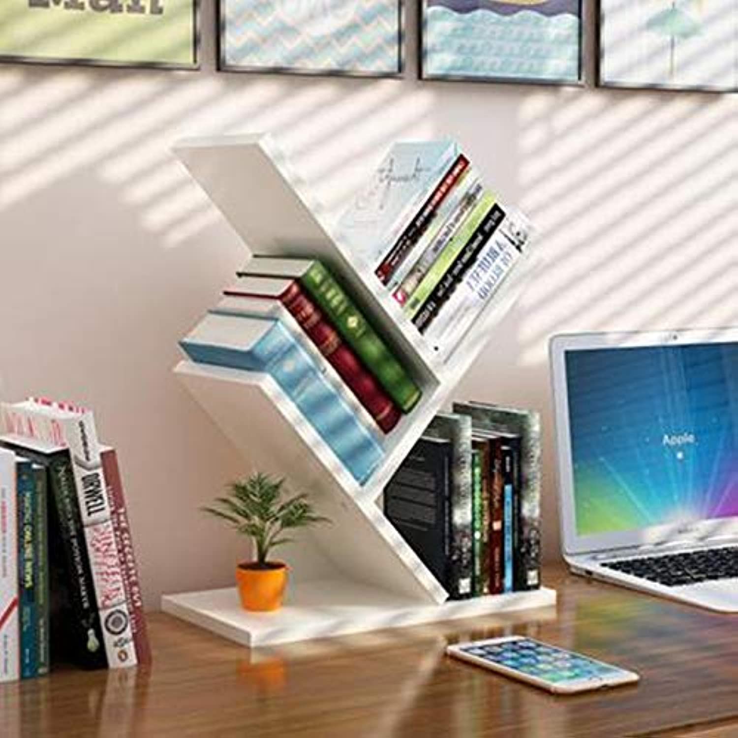 TEEMEI Multi-Tier Small Wood Book Shelf Organizer Bedroom Home Children's Bookcase Storage Rack Simple Furniture Desk Bookshelf for Student Dormitory and Office (tree shape)