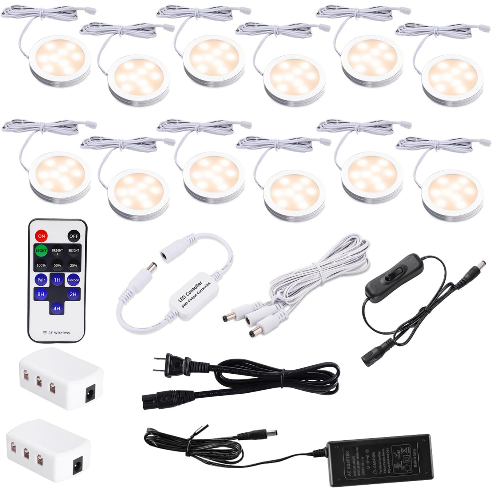 AIBOO Under Cabinet Lighting Kit, Plug in LED Puck Lights with Wireless Dimmable RF Remote Control,12v Stick on Lights for Kitchen Counter, Closet and Shelves(12 kit,Warm White)