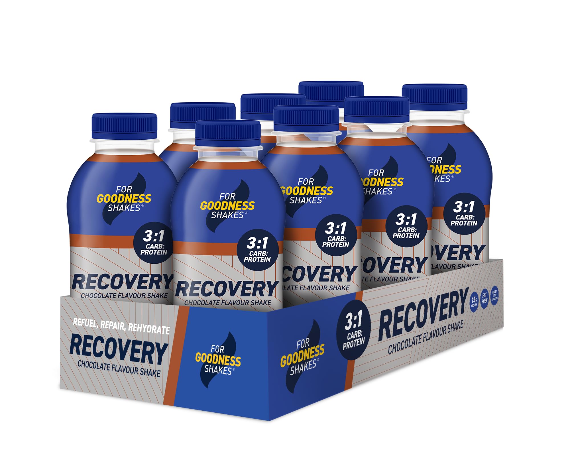 For Goodness Shakes Chocolate Flavour Recovery Drink, 15g Protein, Ready-To-Drink, Fat-Free, Packed With Essential Recovery Vitamin D, B12, Folic Acid & Niacin Protein Shake Drink, 248 Kcal, 8x435ml