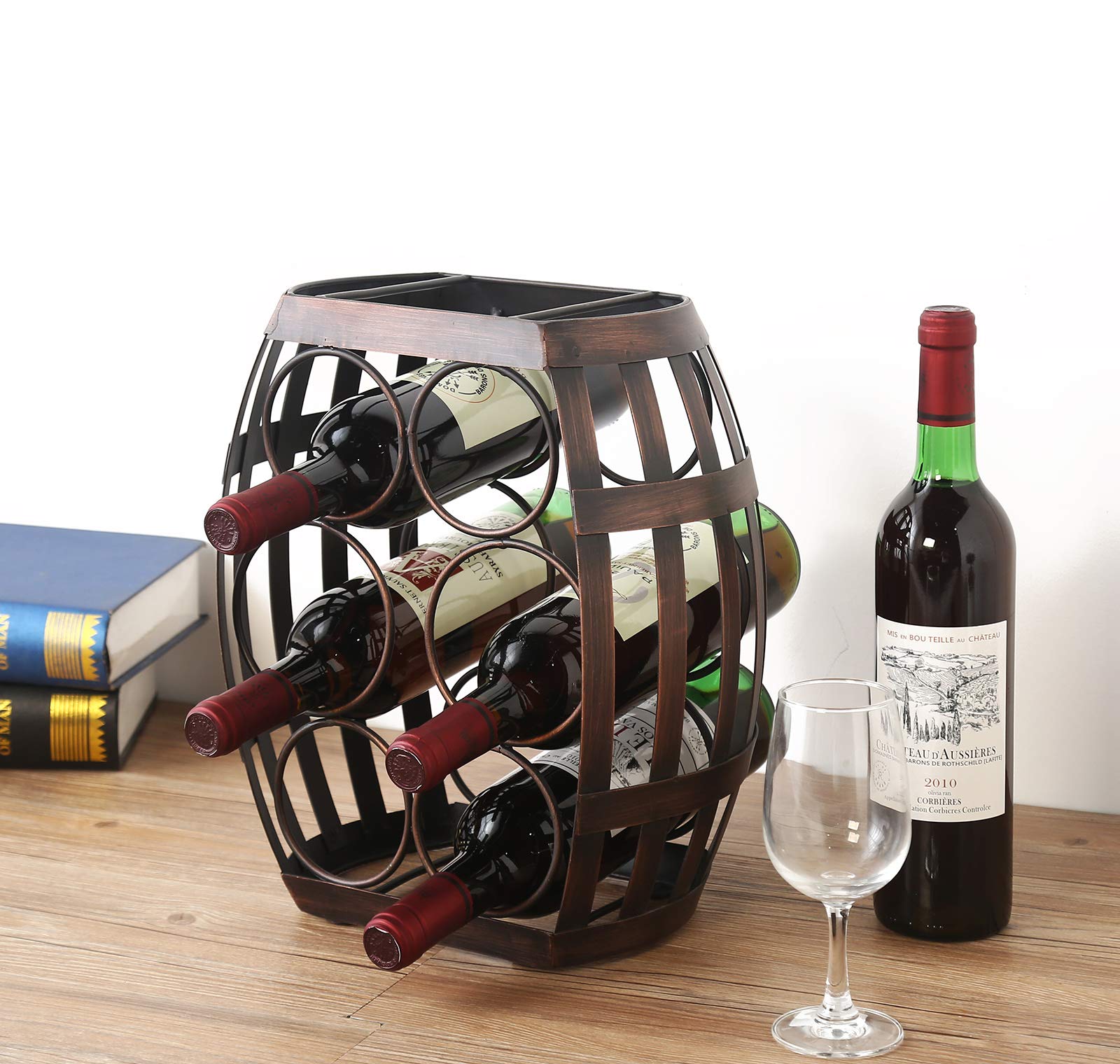 Rustic Metal Wine Rack Countertop, Barrel Wine Rack, Tabletop Wine Racks Perfect for Bar, Wine Cellar, Basement, Cabinet, Pantry, etc Hold 6 Bottles