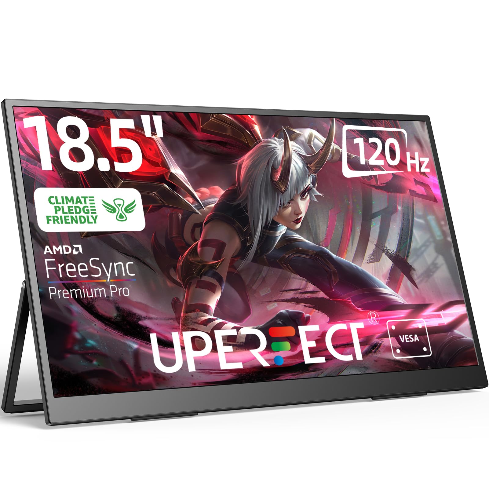 UPERFECT Portable Monitor 18.5 inch 120HZ 100% sRGB 1080P with VESA & Stand 180° Adjustable Ultra-Slim & Lightweight Frameless FHD FreeSync IPS HDR Gaming Display, Travel Second Monitor for Laptop