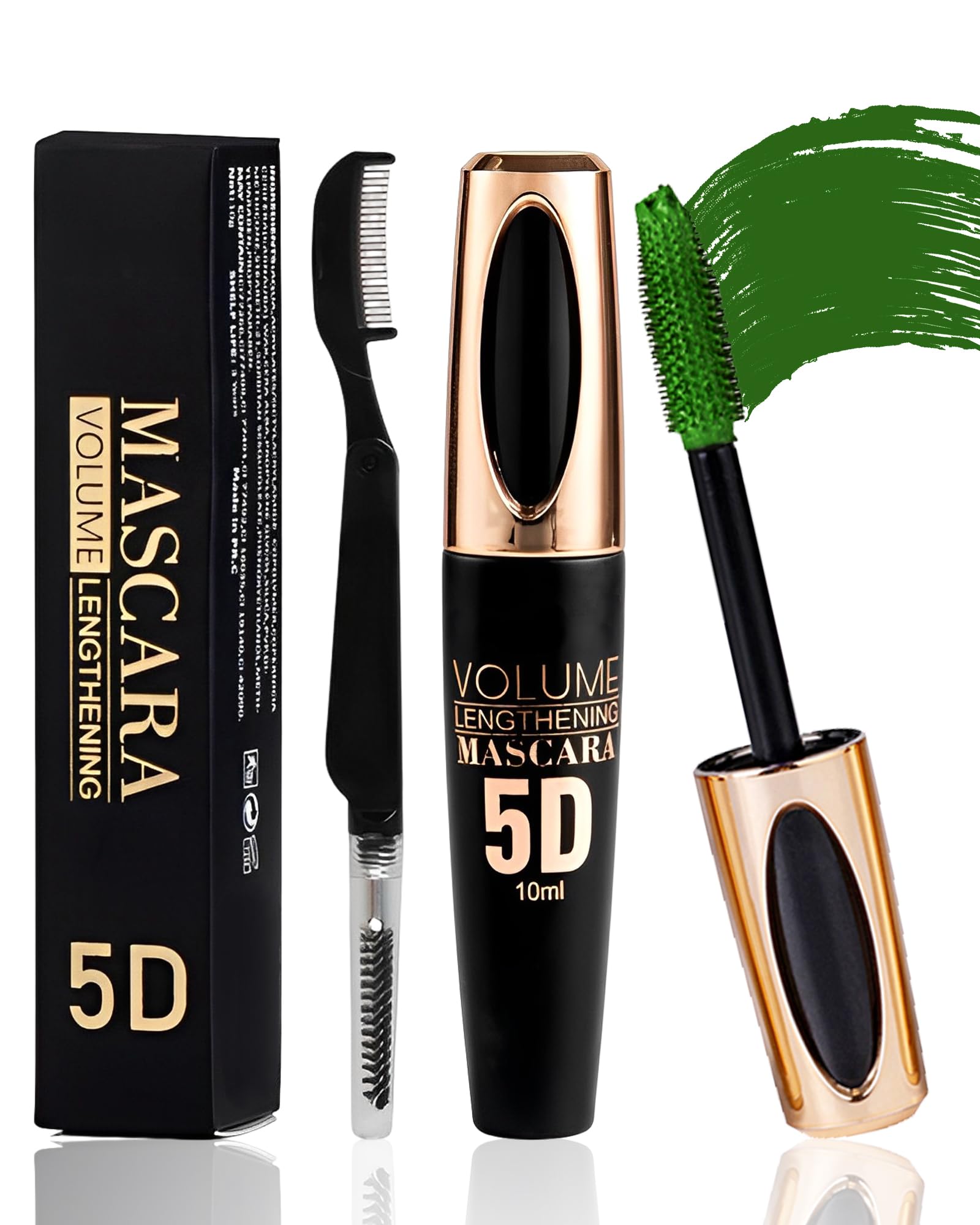 Green Waterproof Mascara for Eyelashes, 5D Silk Fibre Mascara with Folding Eyelash Comb Brush, Liquid Coloured Mascara Lash Extensions, Volumising and Thick, Smudge-proof Long Lasting, Party Stage Use